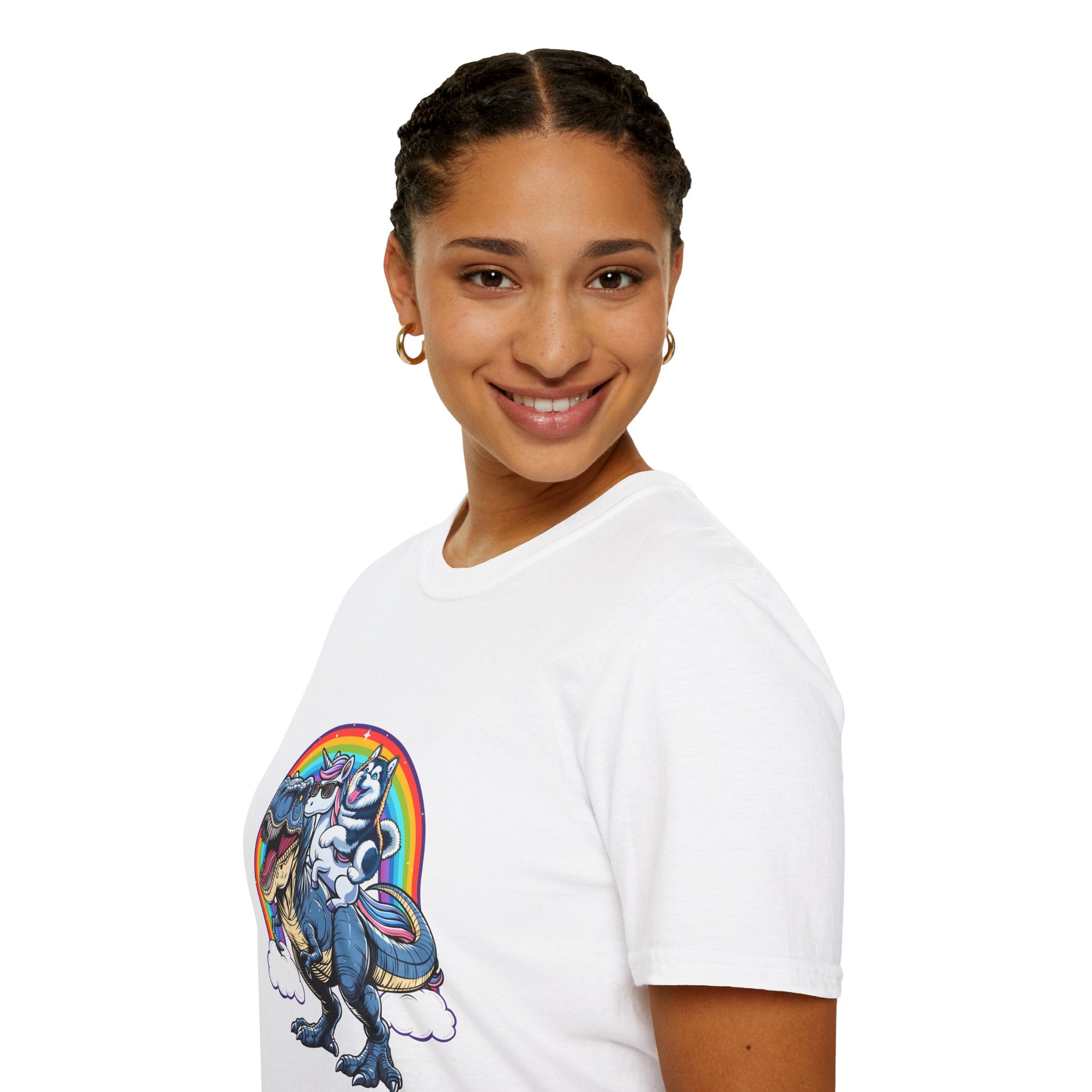 Unisex Tee Husky Dog Riding Unicorn Riding T-Rex Funny Shirt
