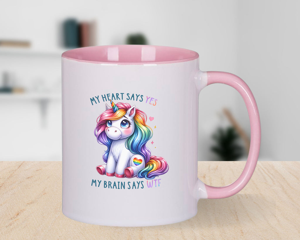 Funny Valentines Day Novelty Mug Unicorn My Heart Says Yes Brain WTF Coffee Cup