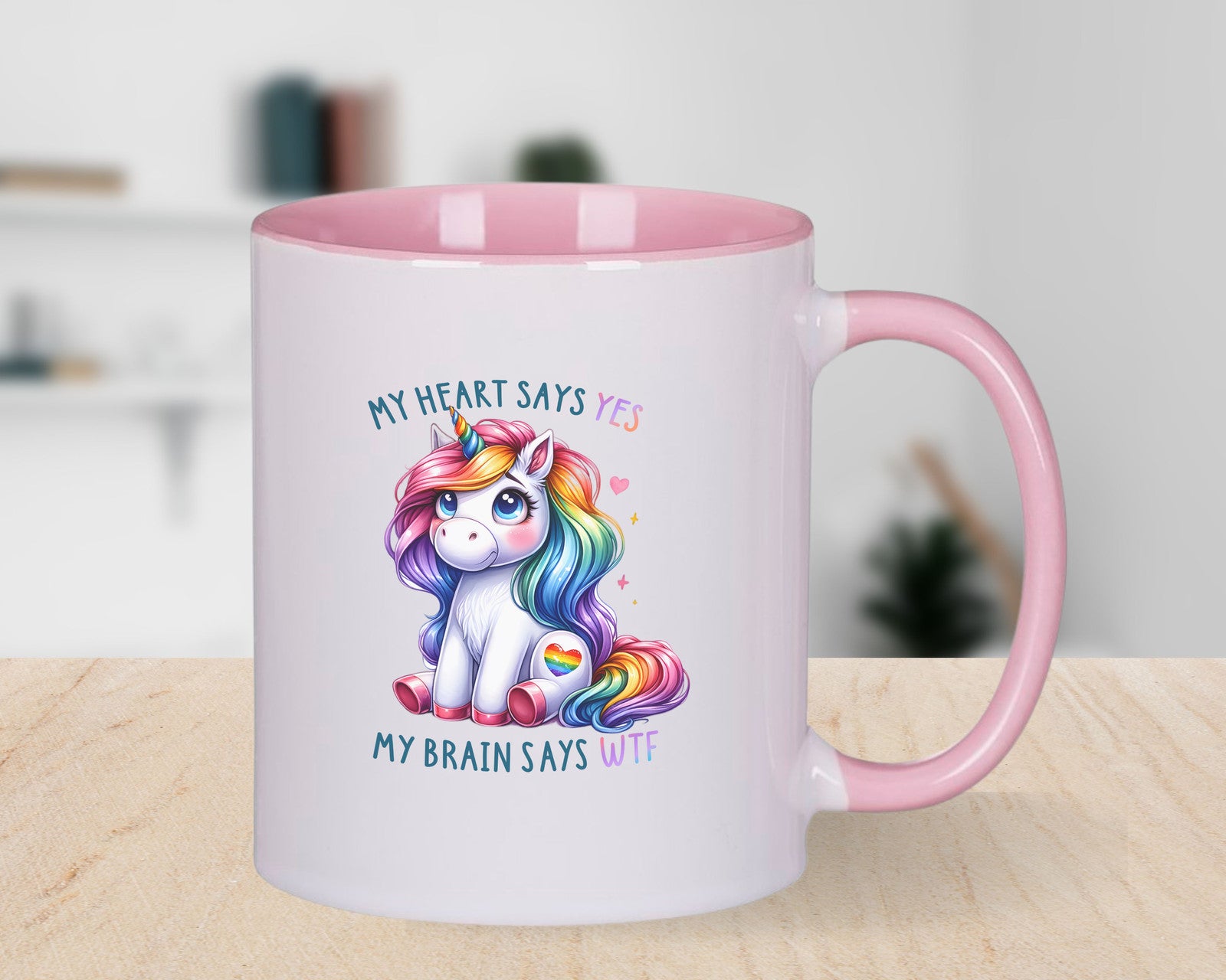 Funny Valentines Day Novelty Mug Unicorn My Heart Says Yes Brain WTF Coffee Cup