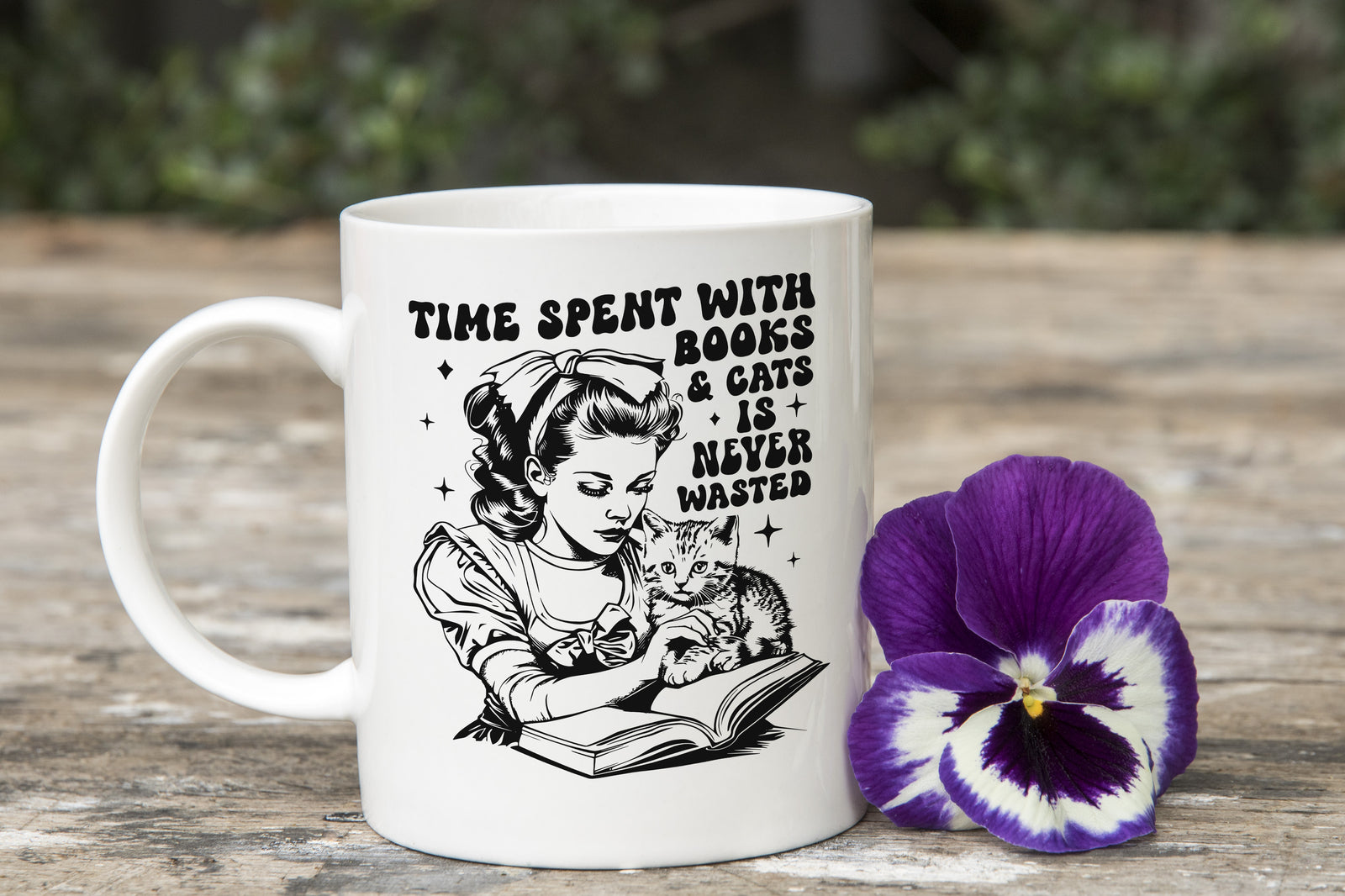 Cat and Book Lover Gift Novelty Mug Feline Lady Coffee Cup