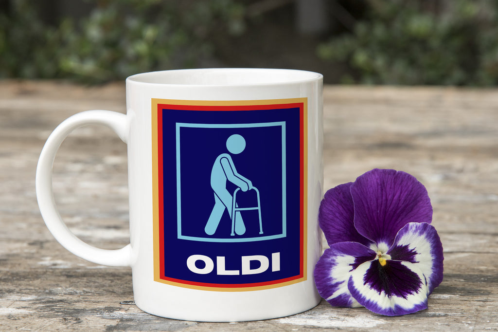 Oldi Mobility Walker Funny Old Novelty Mug Aldi Parody Father's Mother's Gift