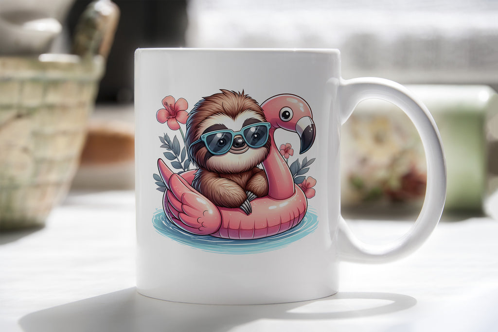 Sloth Palm Tree Float Novelty Mug Fun Pink Flower Coffee Cup