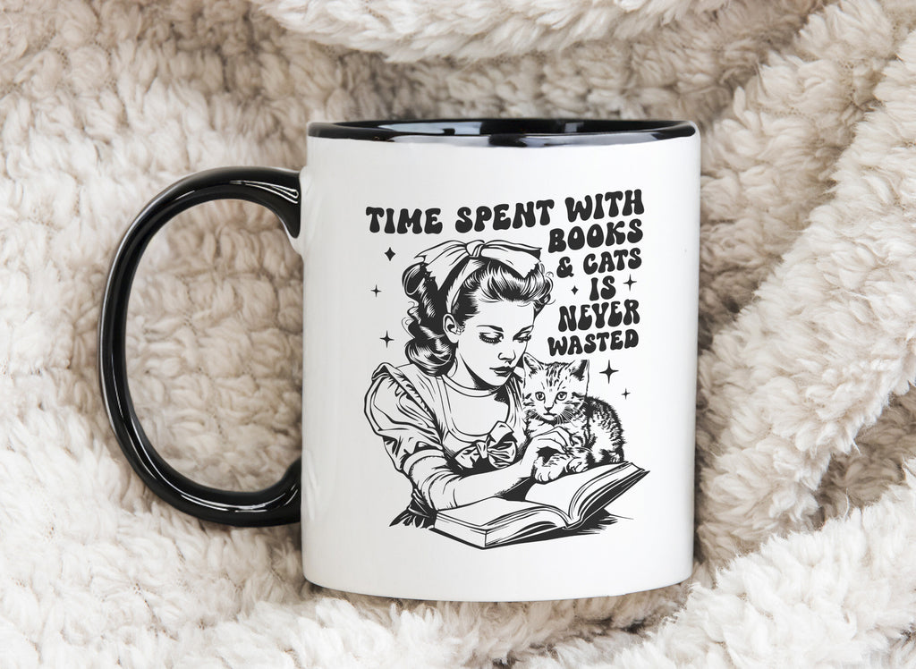 Cat and Book Lover Gift Novelty Mug Feline Lady Coffee Cup