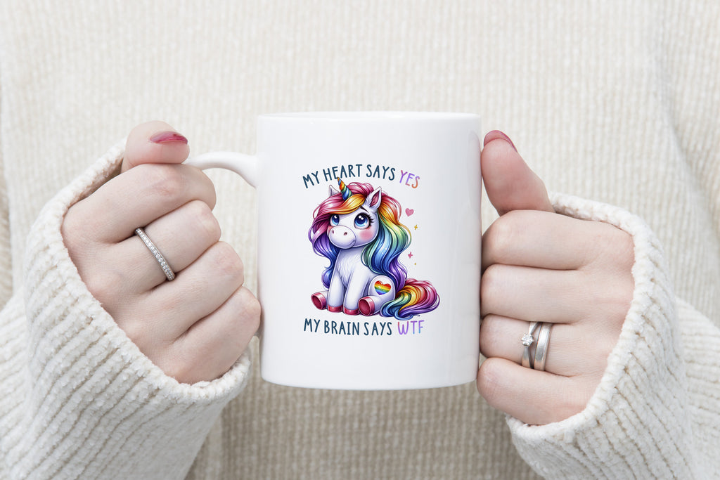 Funny Valentines Day Novelty Mug Unicorn My Heart Says Yes Brain WTF Coffee Cup