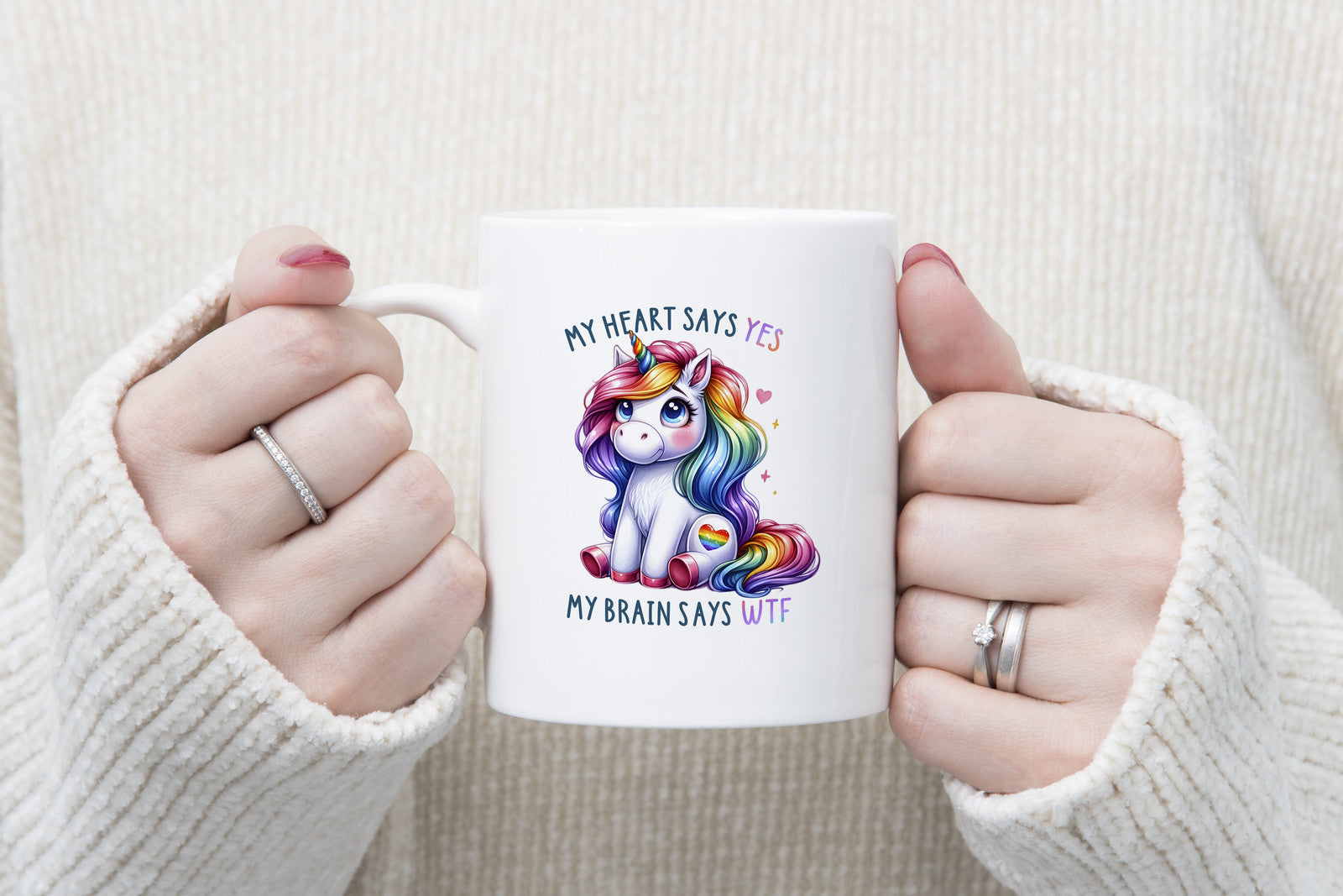 Funny Valentines Day Novelty Mug Unicorn My Heart Says Yes Brain WTF Coffee Cup