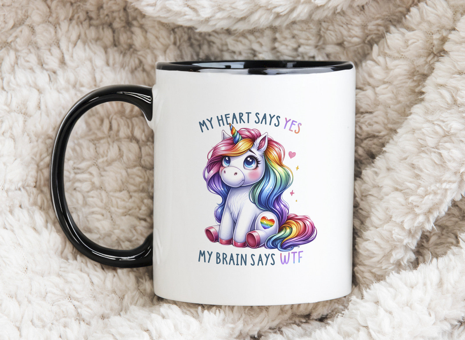 Funny Valentines Day Novelty Mug Unicorn My Heart Says Yes Brain WTF Coffee Cup