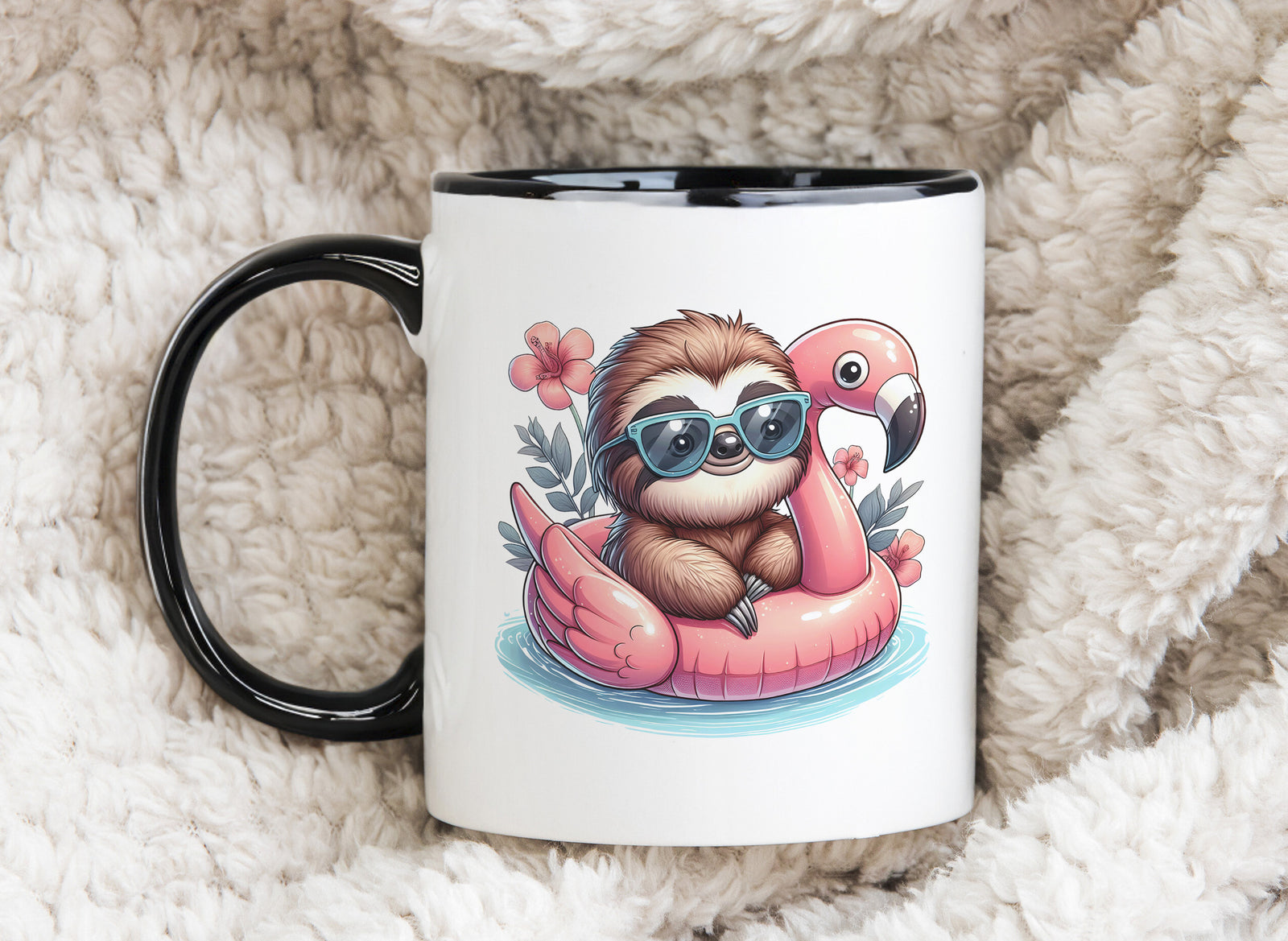 Sloth Palm Tree Float Novelty Mug Fun Pink Flower Coffee Cup
