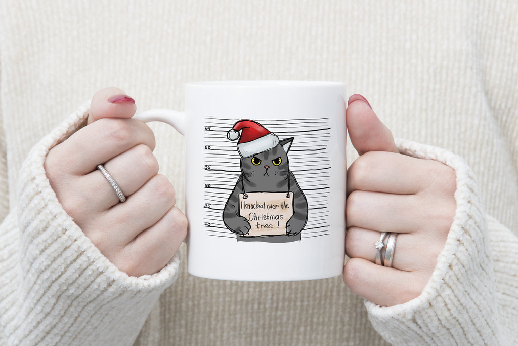 Cat Knocked over Christmas Tree Novelty Mug Caffeine Tea Cup