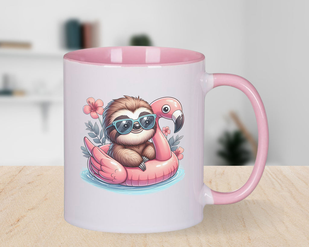 Sloth Palm Tree Float Novelty Mug Fun Pink Flower Coffee Cup