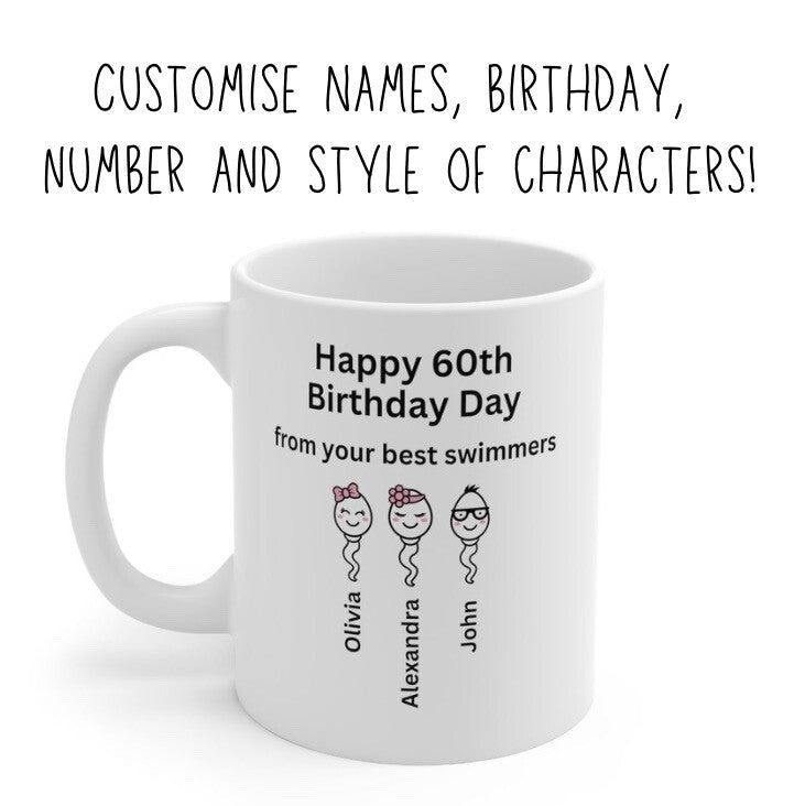 30, 40, 50, 60th novelty Birthday mug Customised Swimmer Best Sperm Funny