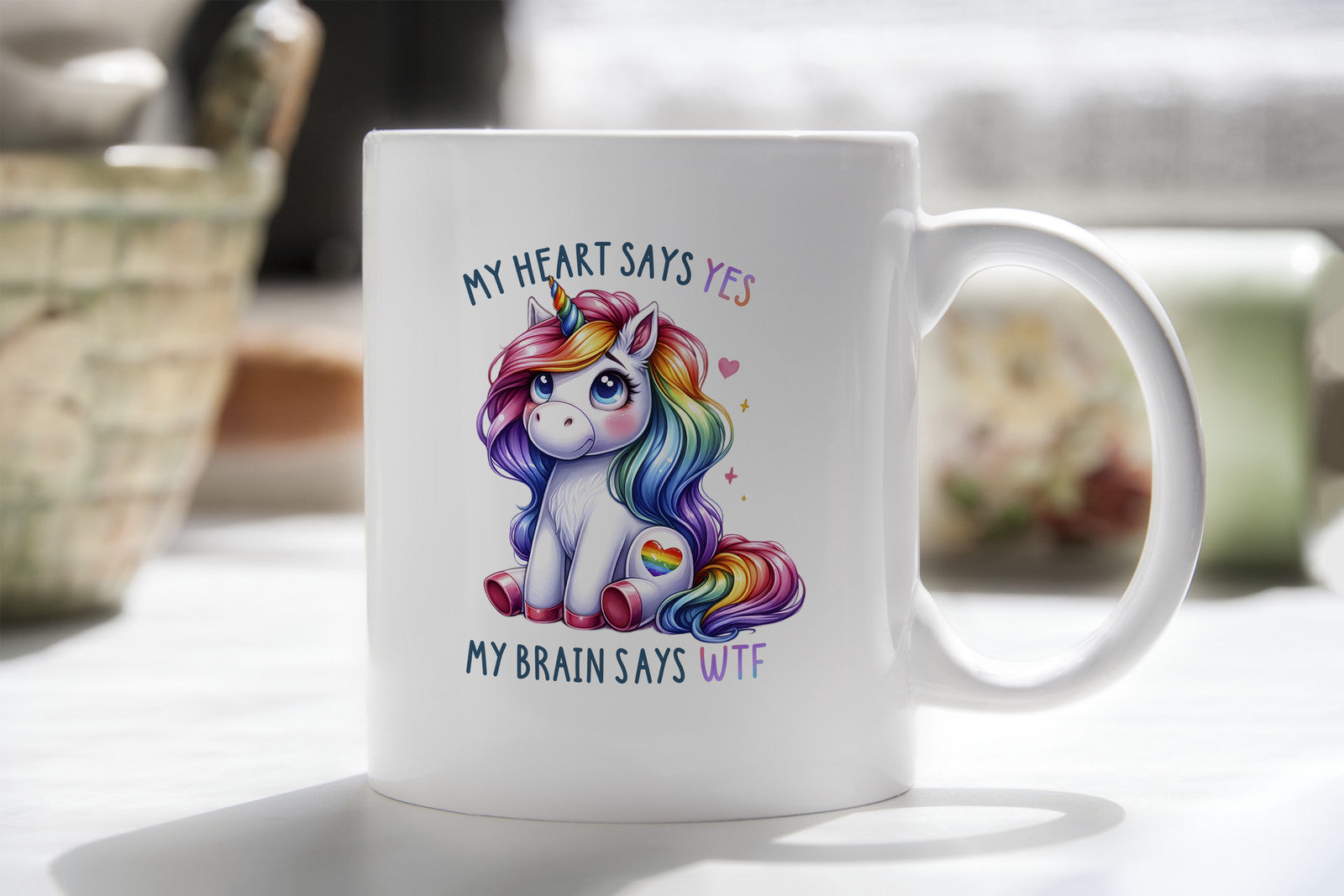 Funny Valentines Day Novelty Mug Unicorn My Heart Says Yes Brain WTF Coffee Cup