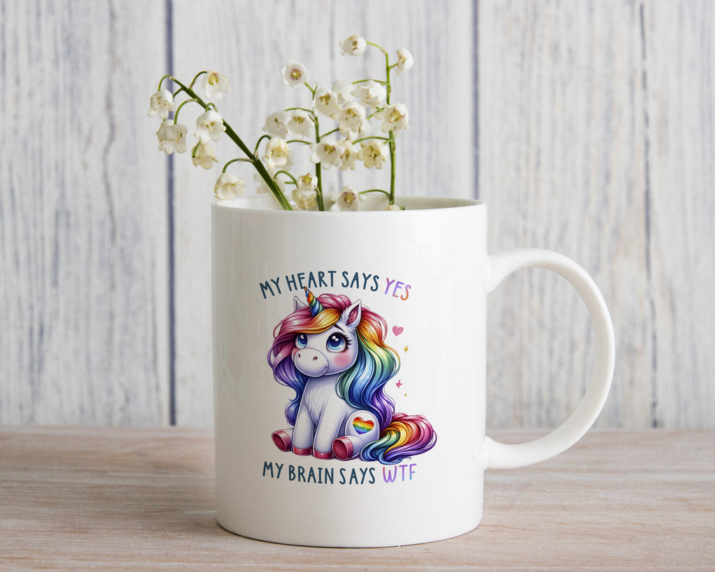 Funny Valentines Day Novelty Mug Unicorn My Heart Says Yes Brain WTF Coffee Cup