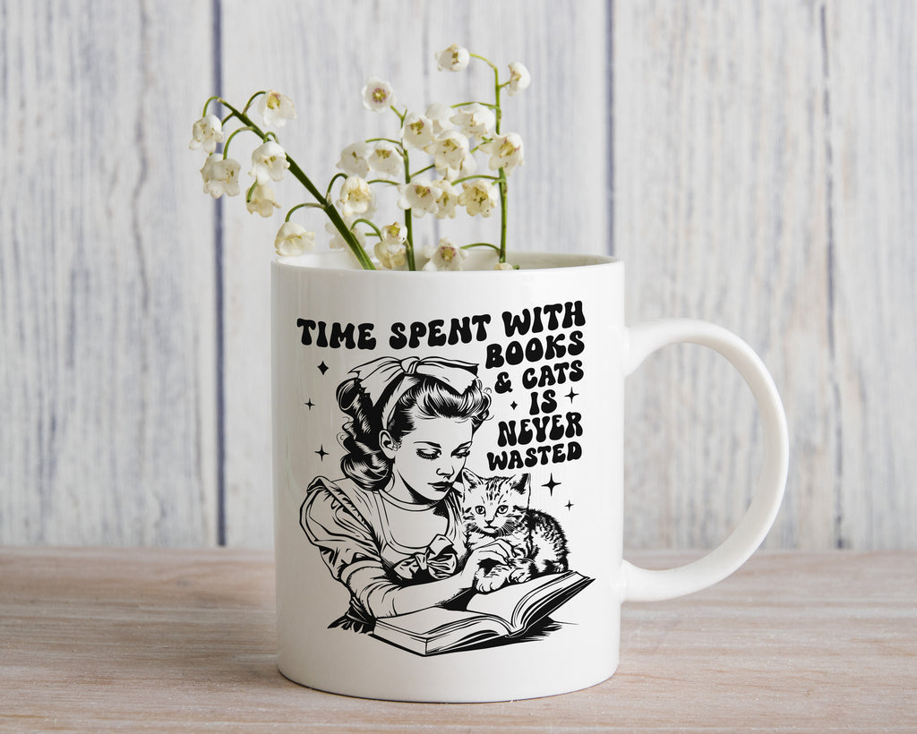 Cat and Book Lover Gift Novelty Mug Feline Lady Coffee Cup