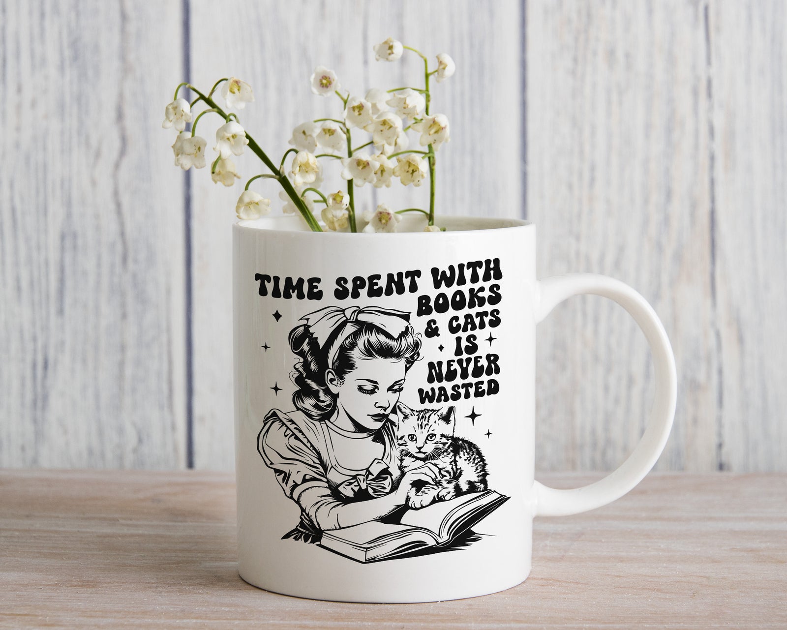 Cat and Book Lover Gift Novelty Mug Feline Lady Coffee Cup