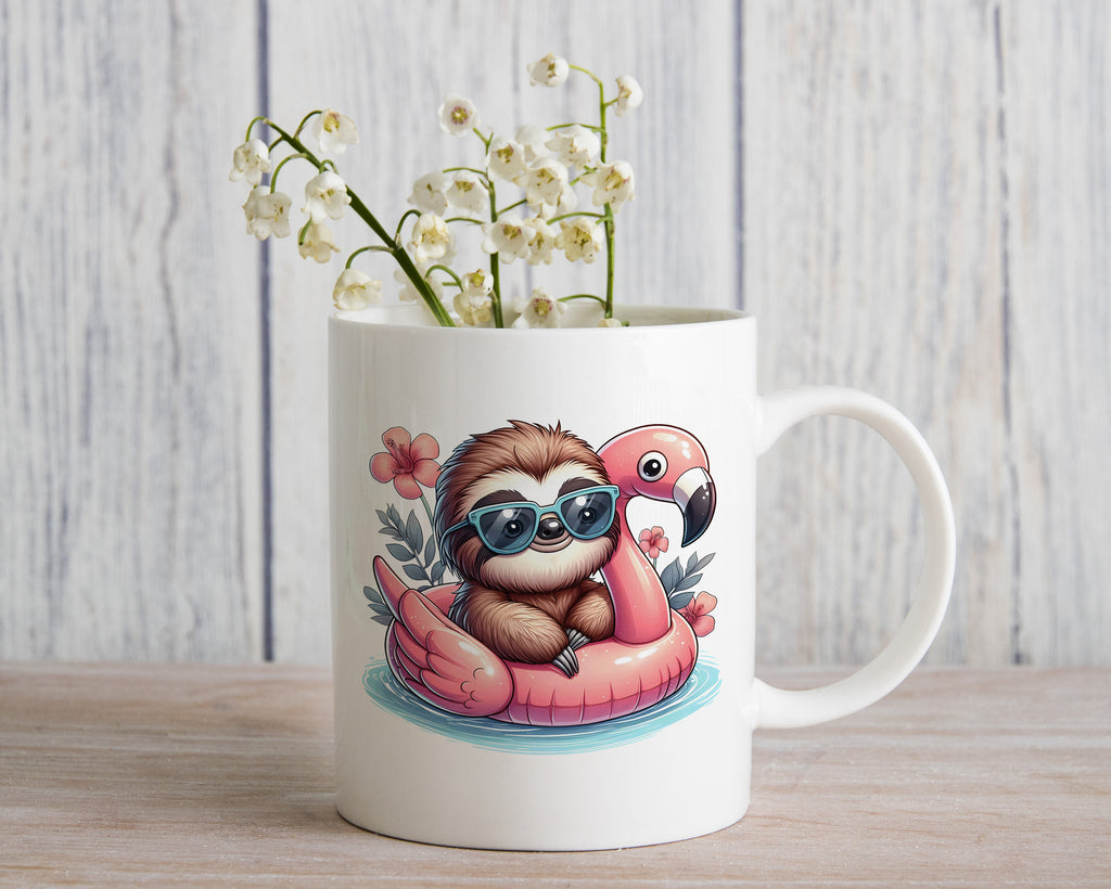 Sloth Palm Tree Float Novelty Mug Fun Pink Flower Coffee Cup