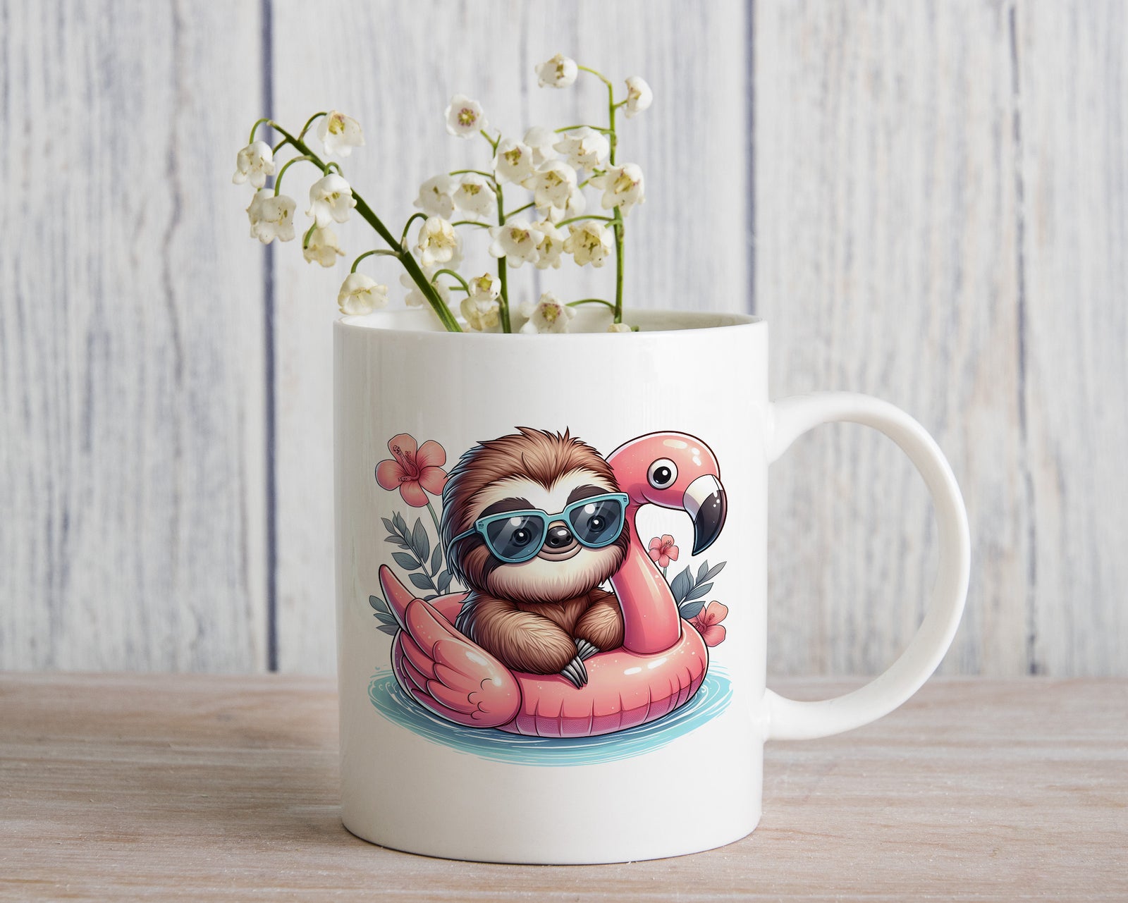 Sloth Palm Tree Float Novelty Mug Fun Pink Flower Coffee Cup