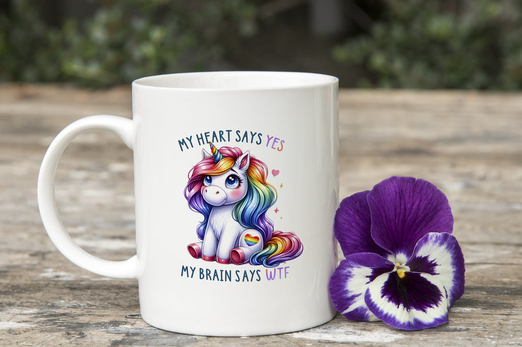 Funny Valentines Day Novelty Mug Unicorn My Heart Says Yes Brain WTF Coffee Cup