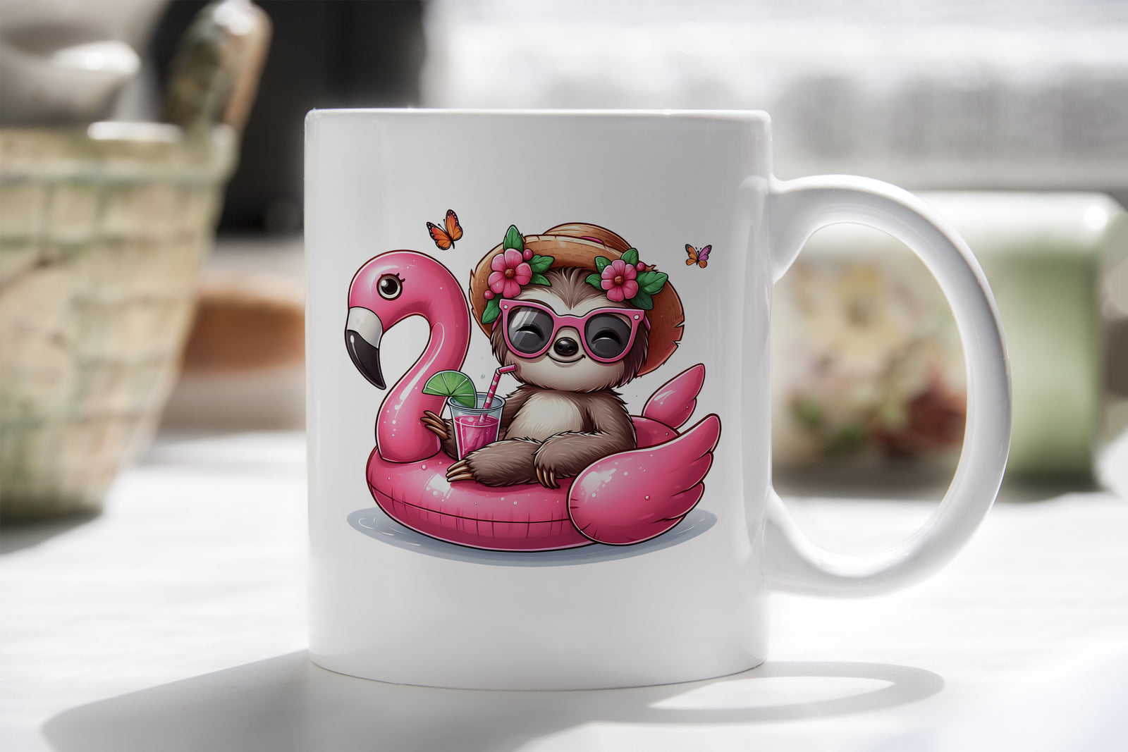 Pink Flower Novelty Mug Sloth Float Fun Coffee Cup