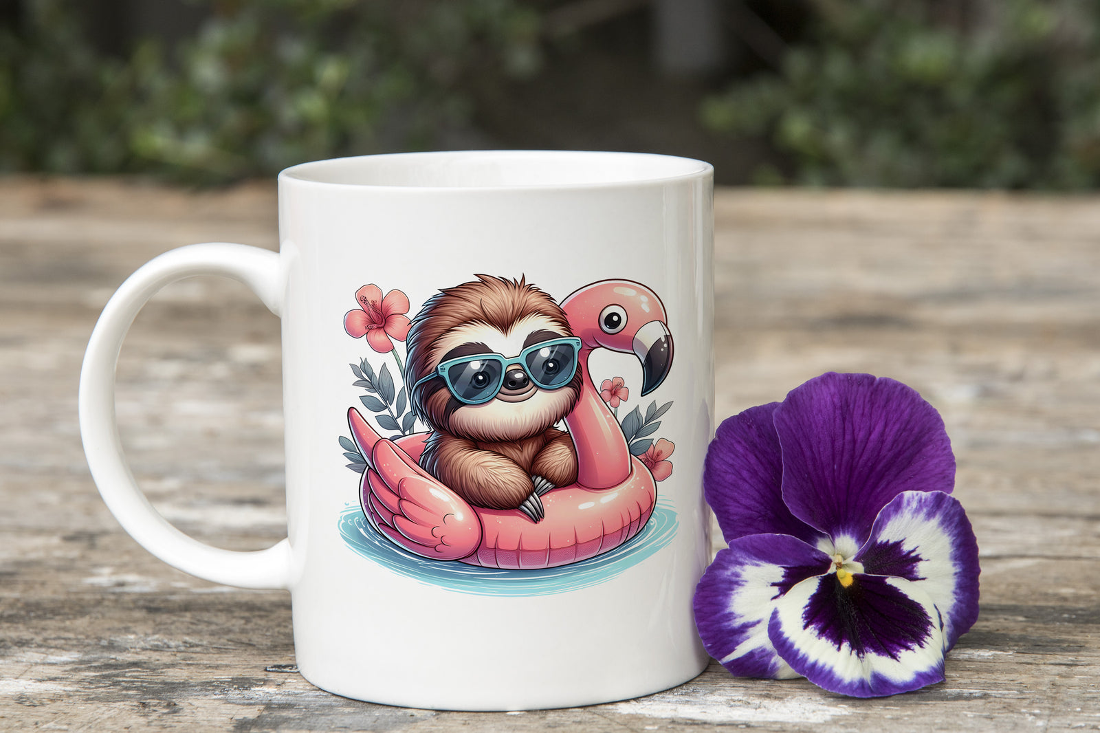 Sloth Palm Tree Float Novelty Mug Fun Pink Flower Coffee Cup