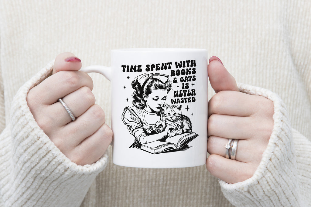 Cat and Book Lover Gift Novelty Mug Feline Lady Coffee Cup