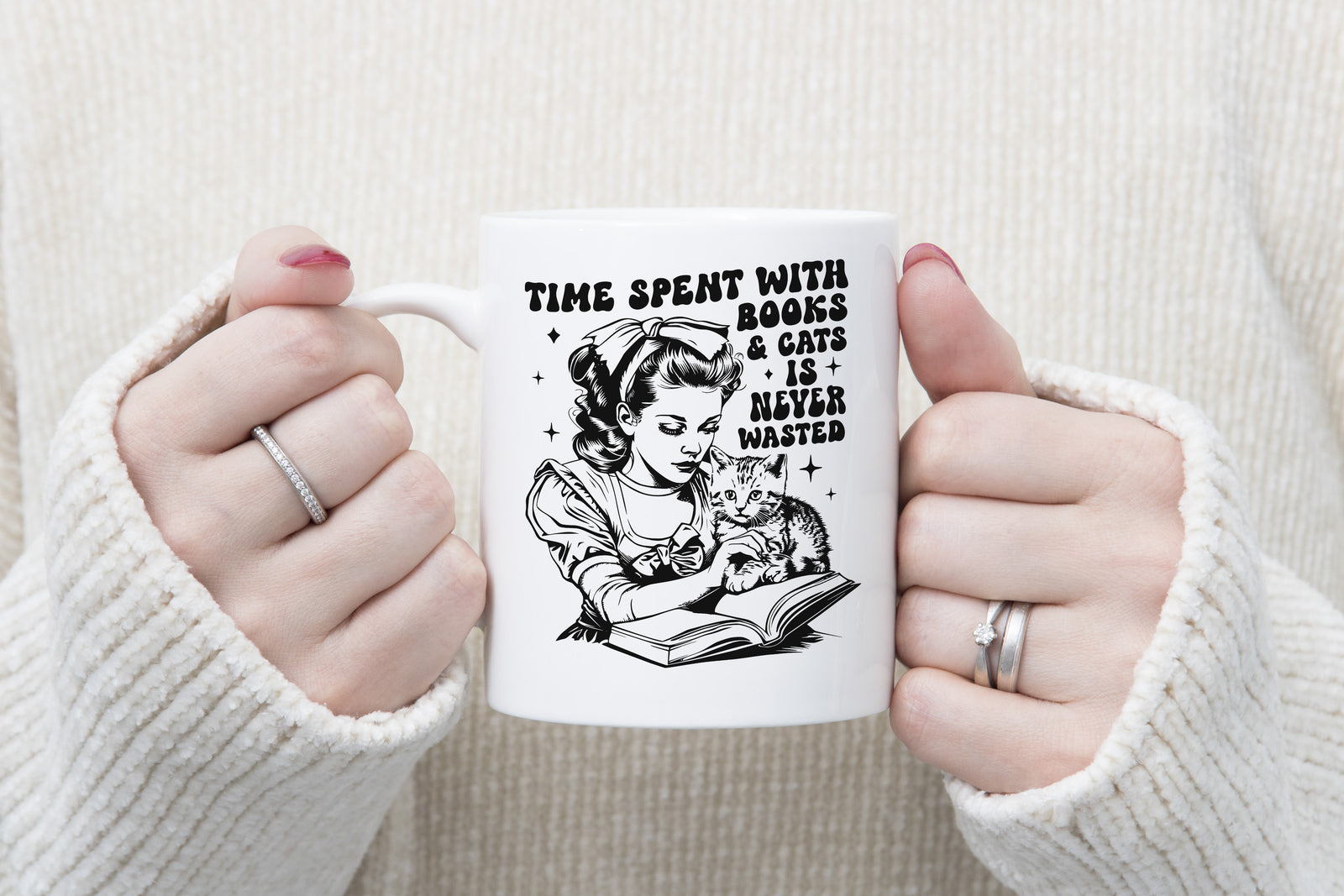Cat and Book Lover Gift Novelty Mug Feline Lady Coffee Cup
