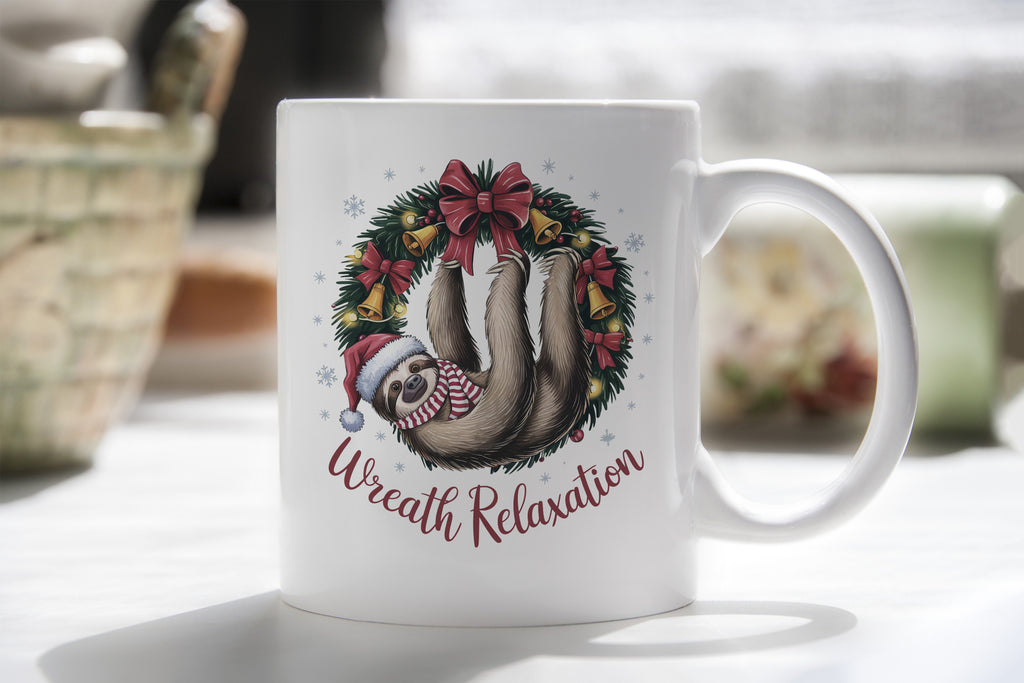 Sloth Coffee Novelty Mug Christmas Wreth Relaxation
