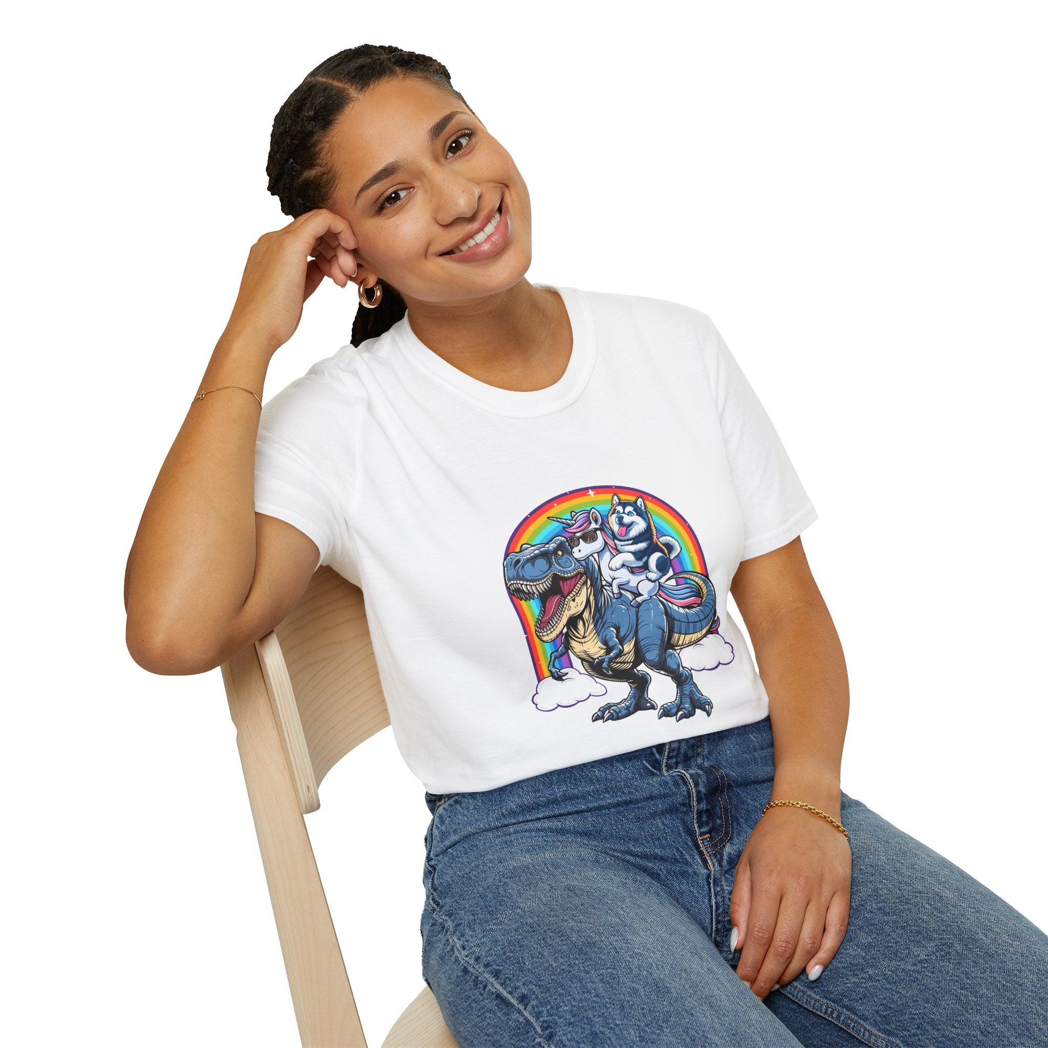 Unisex Tee Husky Dog Riding Unicorn Riding T-Rex Funny Shirt