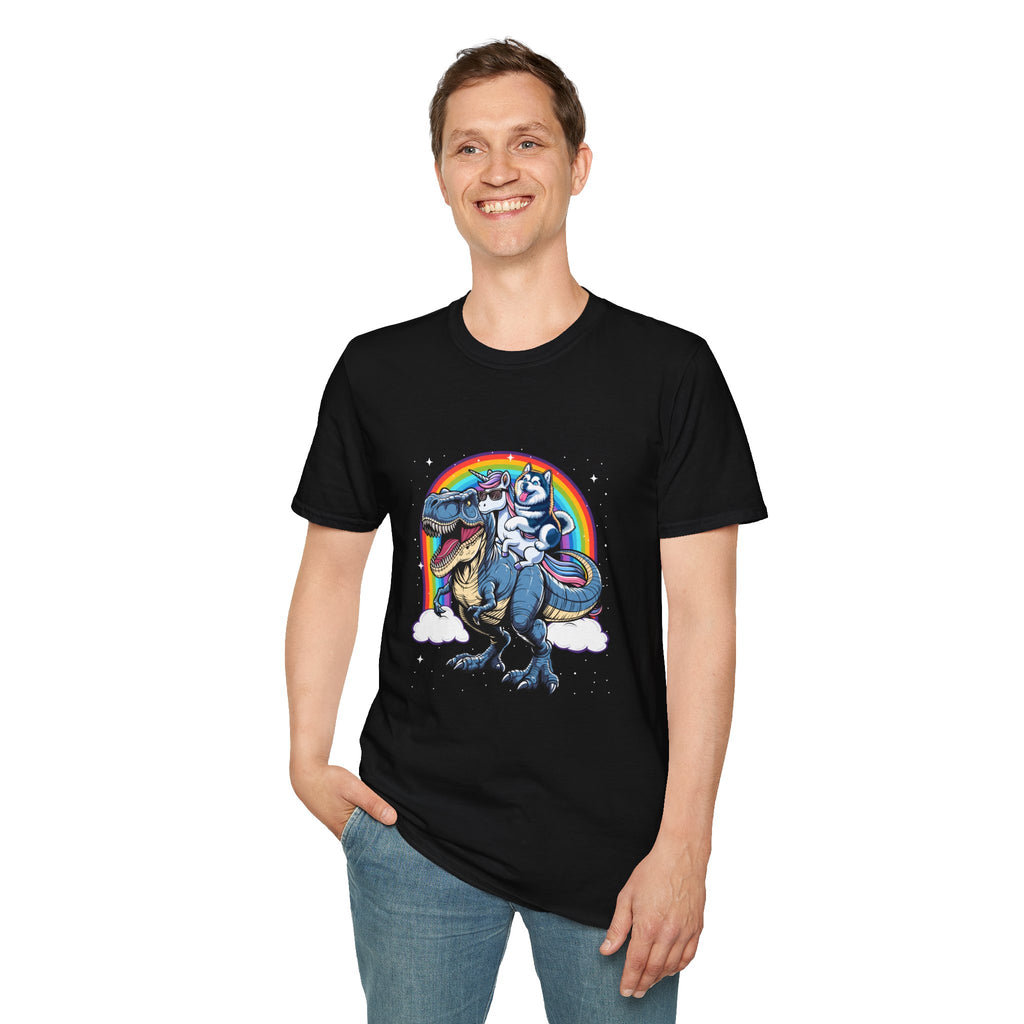 Unisex Tee Husky Dog Riding Unicorn Riding T-Rex Funny Shirt