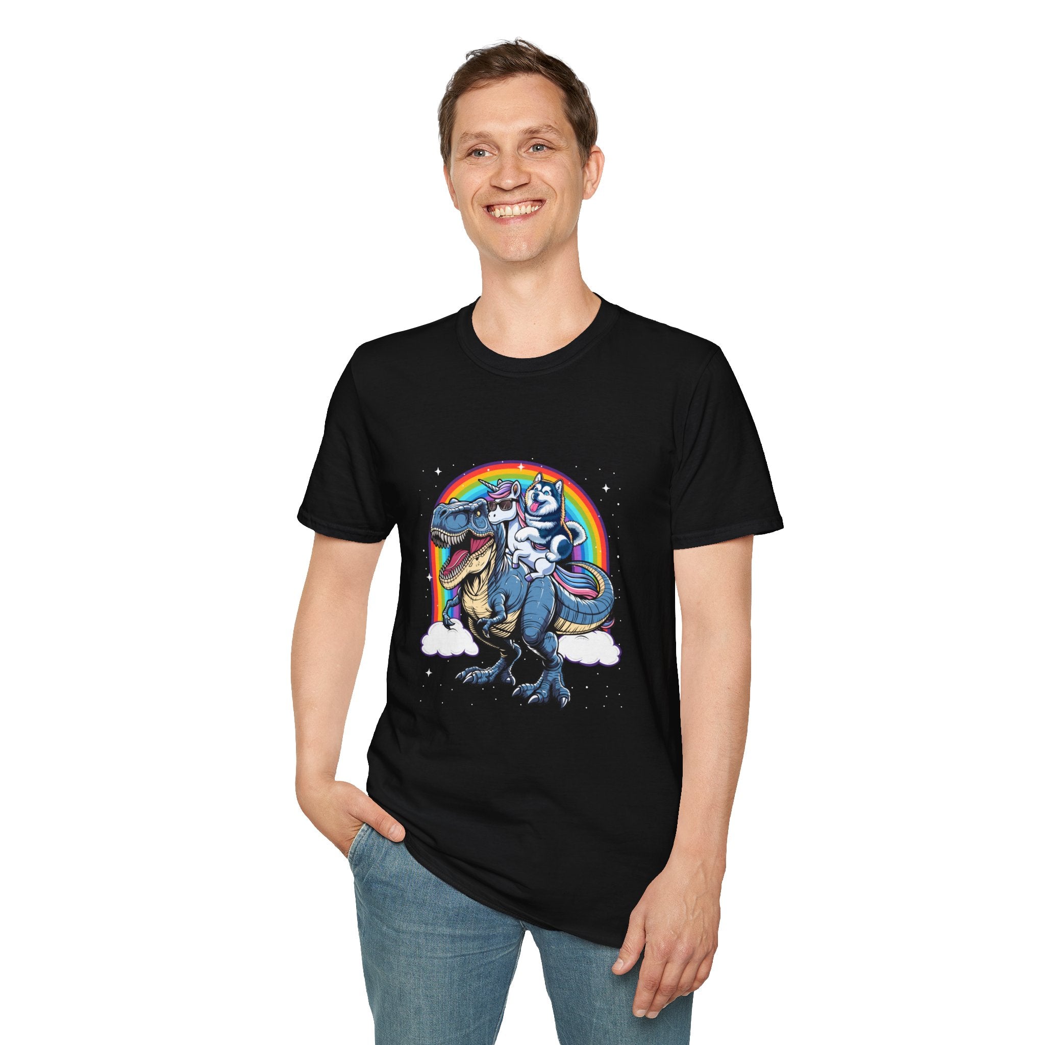 Unisex Tee Husky Dog Riding Unicorn Riding T-Rex Funny Shirt