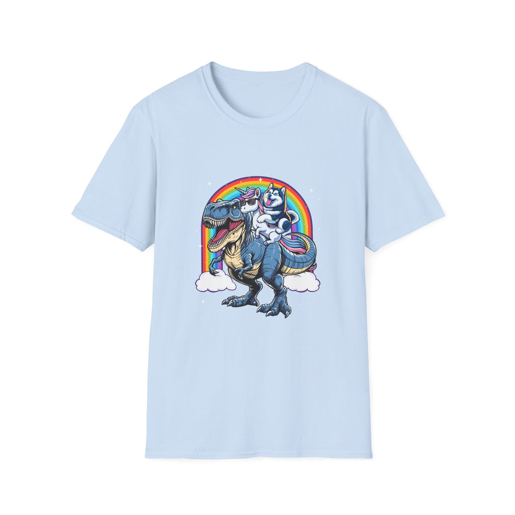 Unisex Tee Husky Dog Riding Unicorn Riding T-Rex Funny Shirt