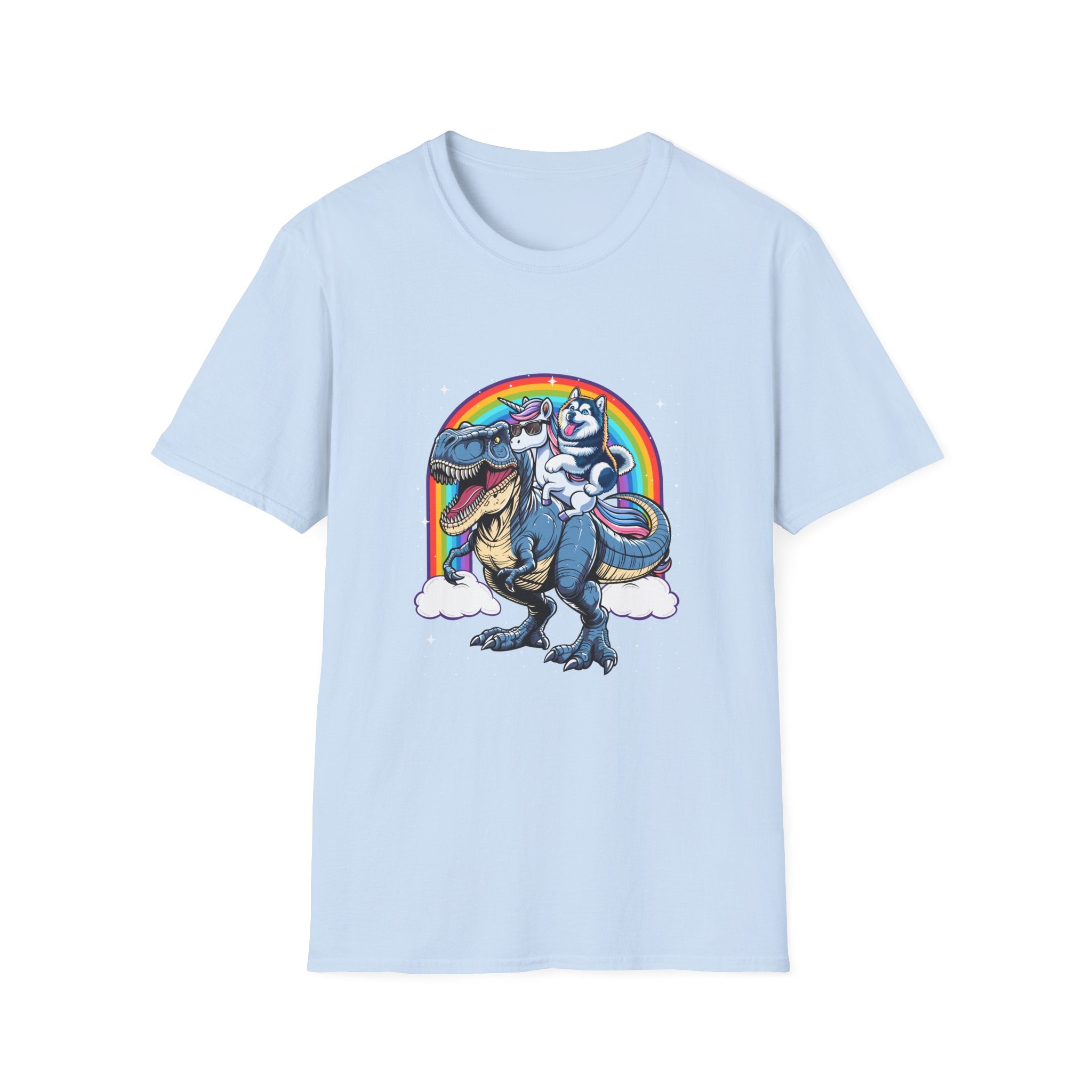 Unisex Tee Husky Dog Riding Unicorn Riding T-Rex Funny Shirt