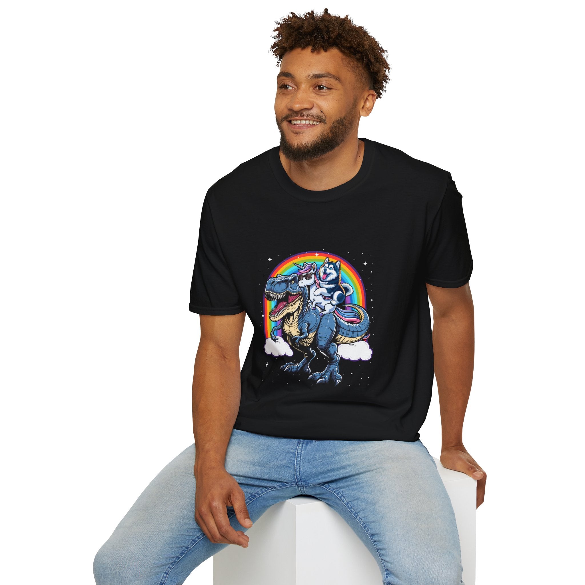 Unisex Tee Husky Dog Riding Unicorn Riding T-Rex Funny Shirt