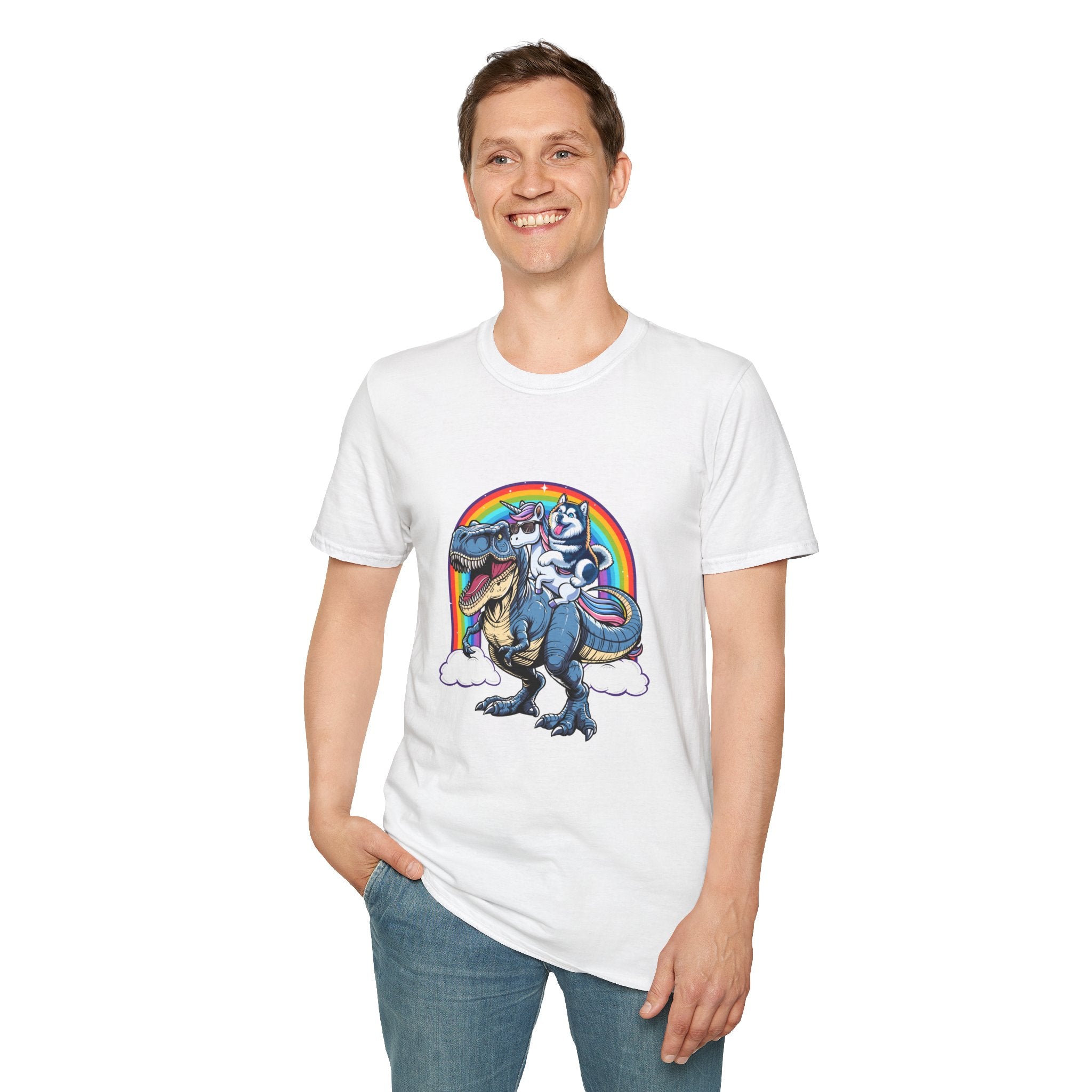 Unisex Tee Husky Dog Riding Unicorn Riding T-Rex Funny Shirt