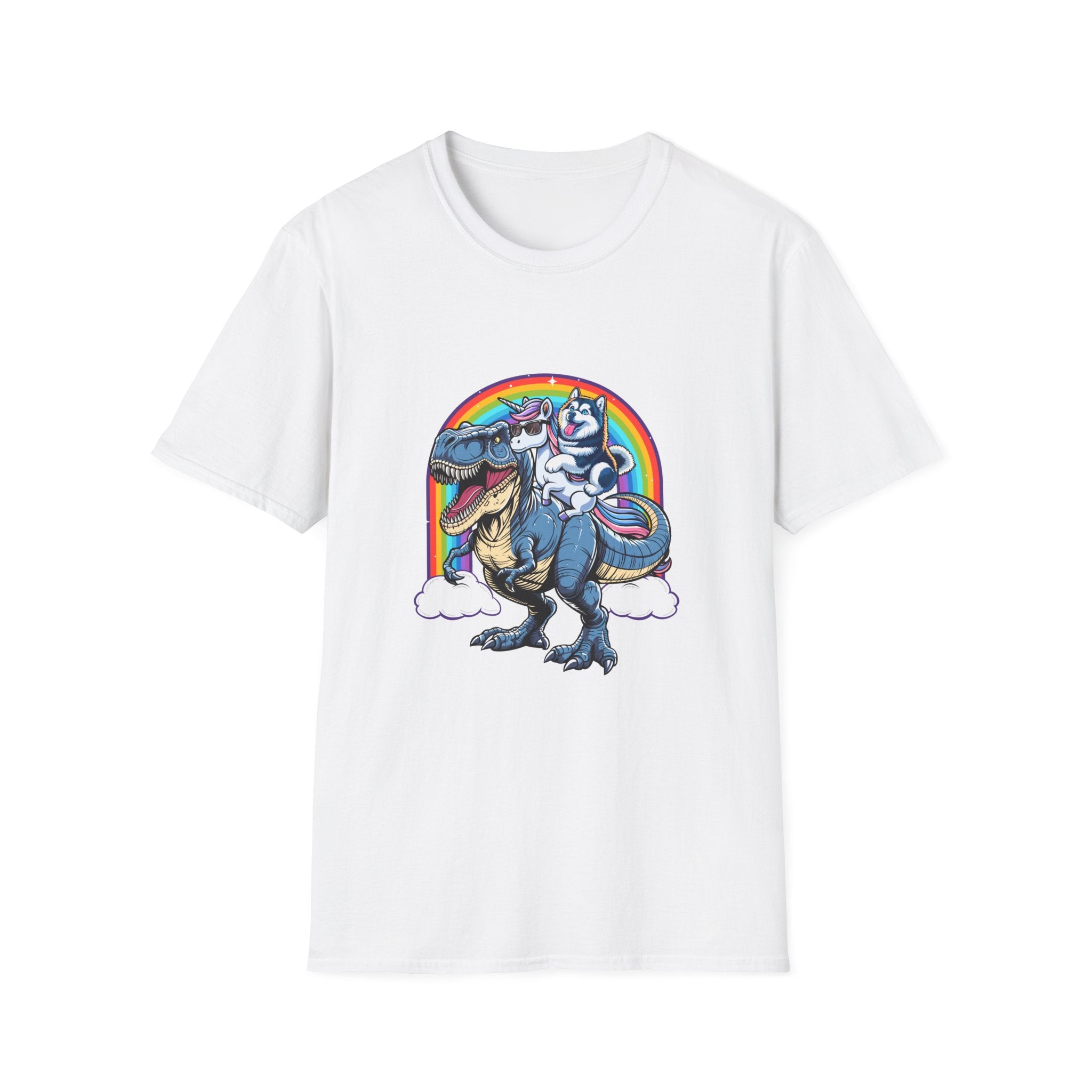 Unisex Tee Husky Dog Riding Unicorn Riding T-Rex Funny Shirt