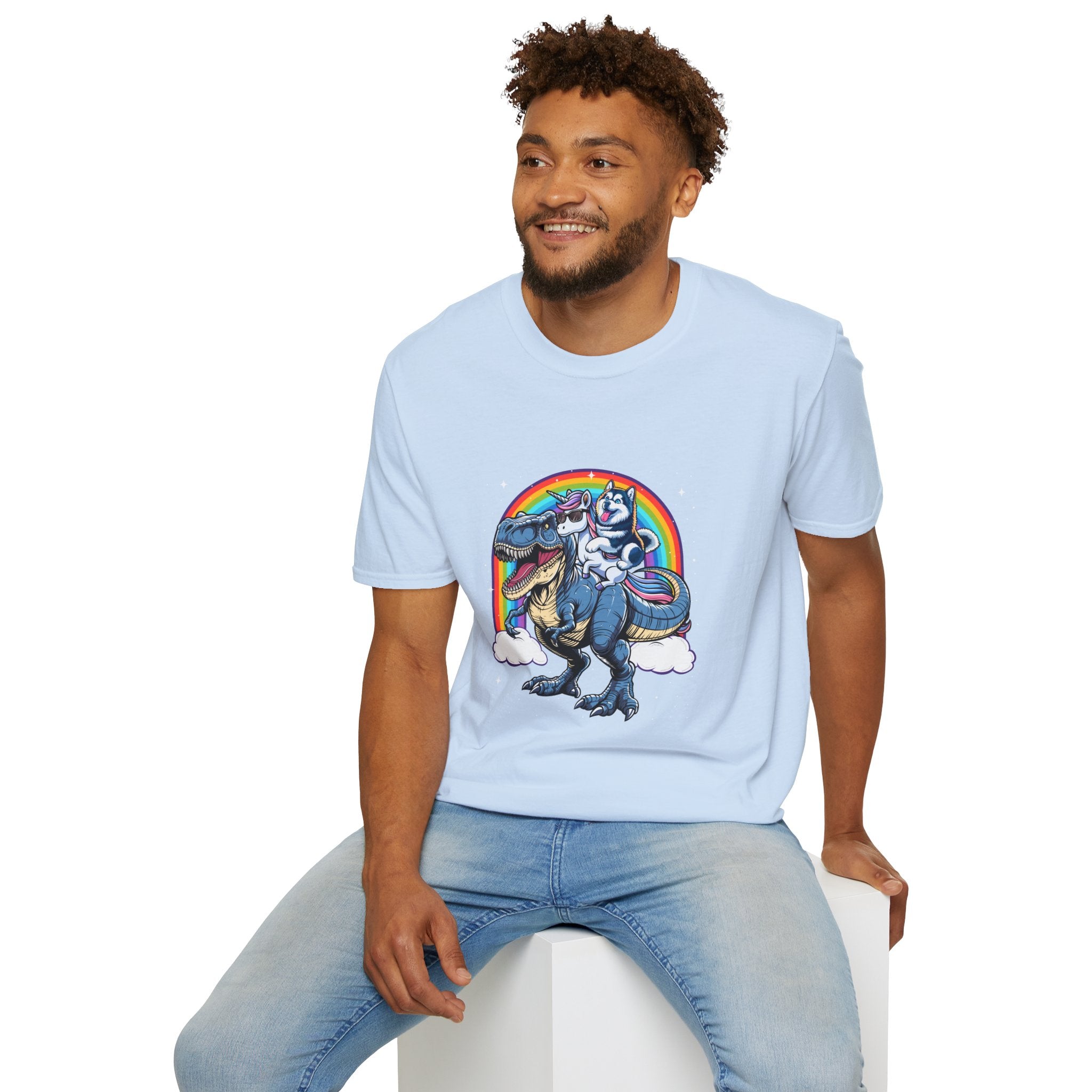 Unisex Tee Husky Dog Riding Unicorn Riding T-Rex Funny Shirt