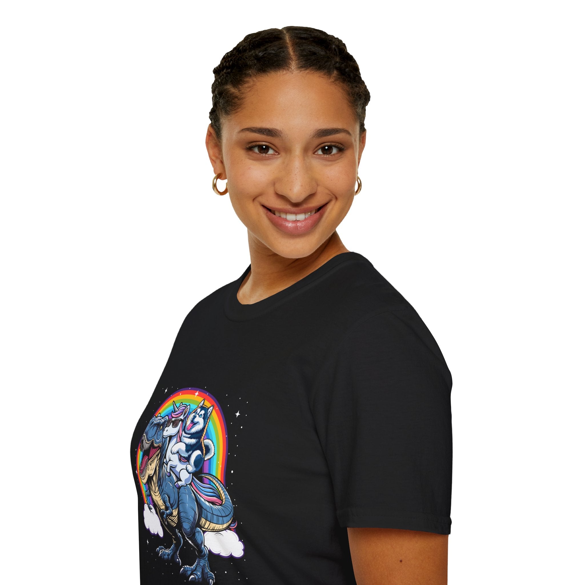 Unisex Tee Husky Dog Riding Unicorn Riding T-Rex Funny Shirt