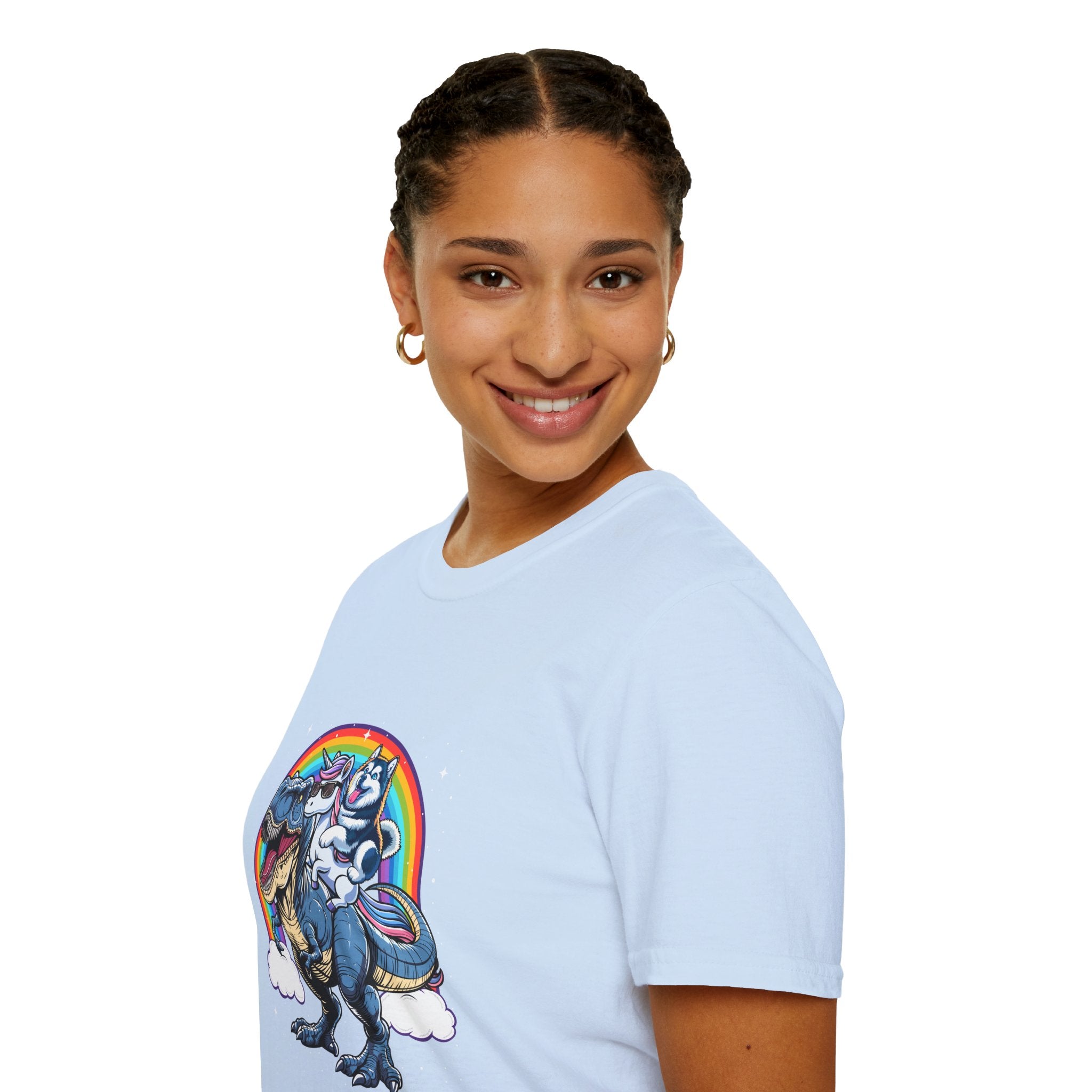 Unisex Tee Husky Dog Riding Unicorn Riding T-Rex Funny Shirt