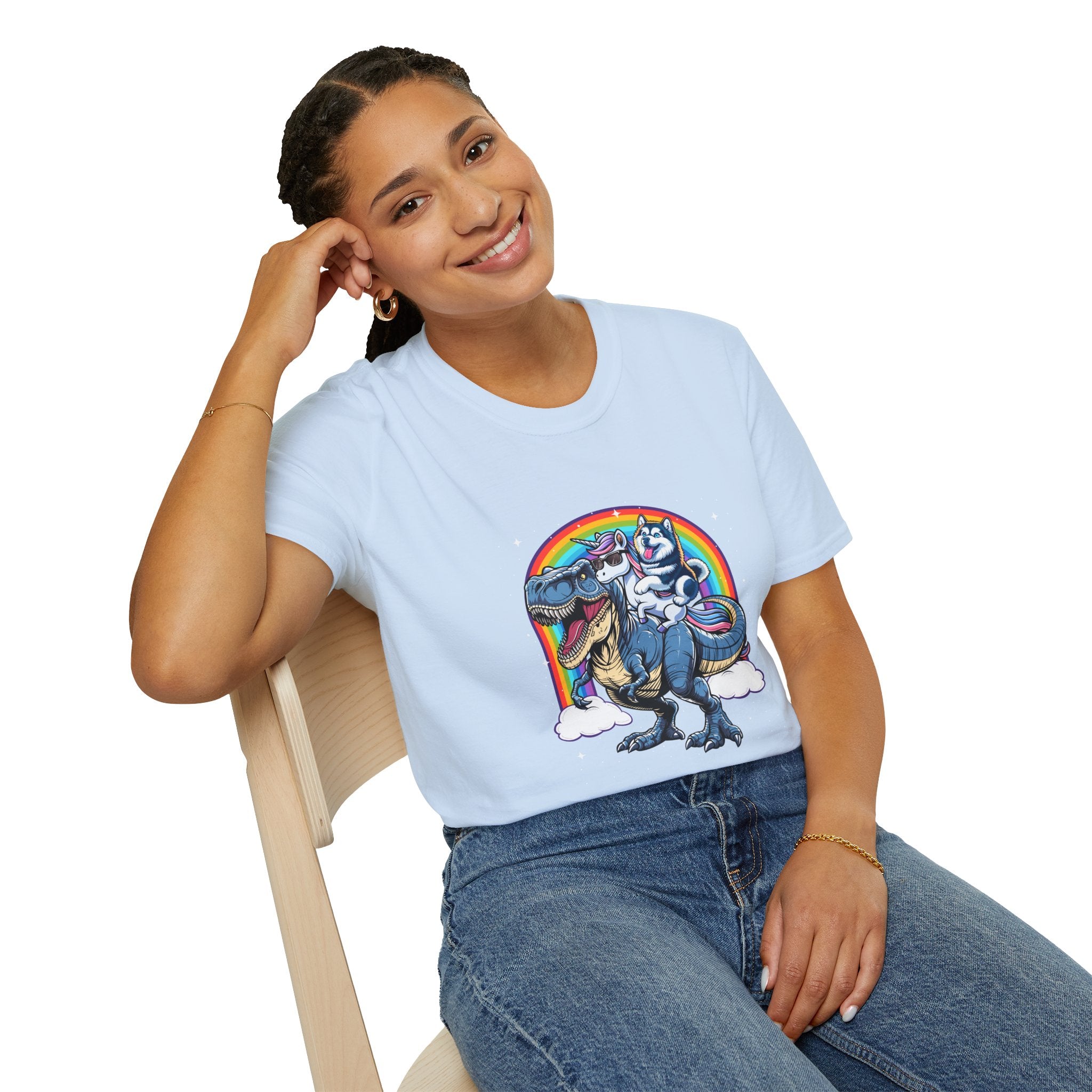 Unisex Tee Husky Dog Riding Unicorn Riding T-Rex Funny Shirt