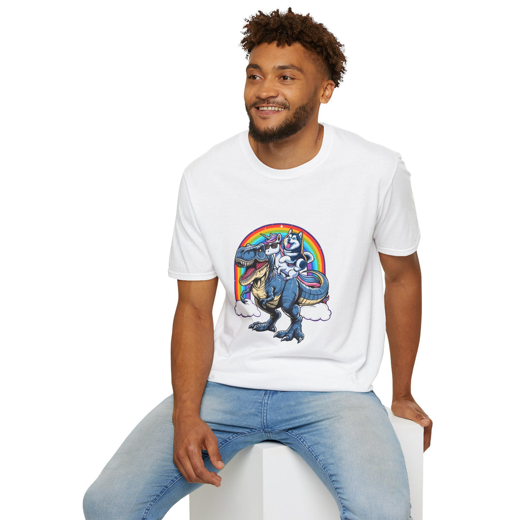 Unisex Tee Husky Dog Riding Unicorn Riding T-Rex Funny Shirt