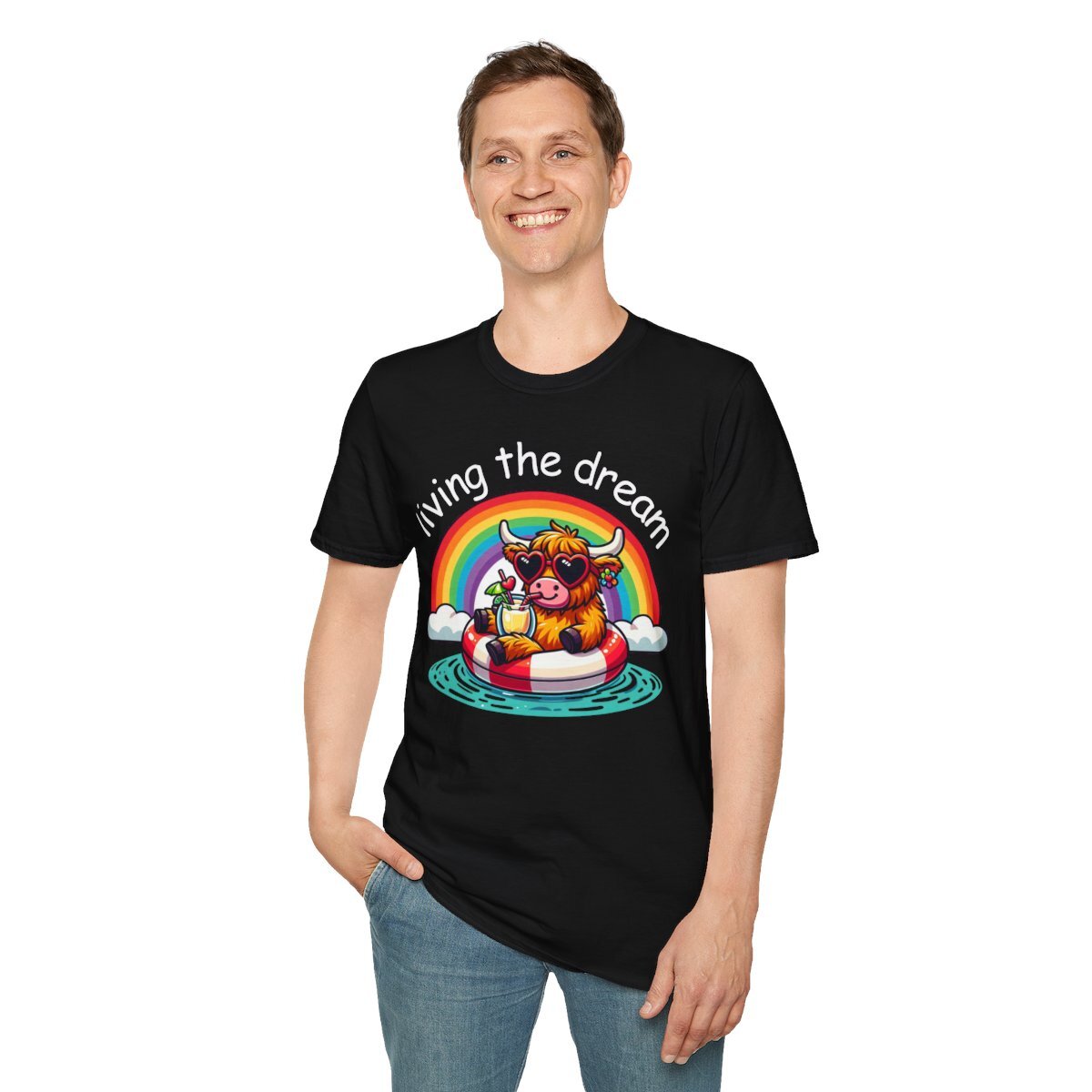 Living the dream coo summer rainbow Novety unisex t-shirt black highland cow