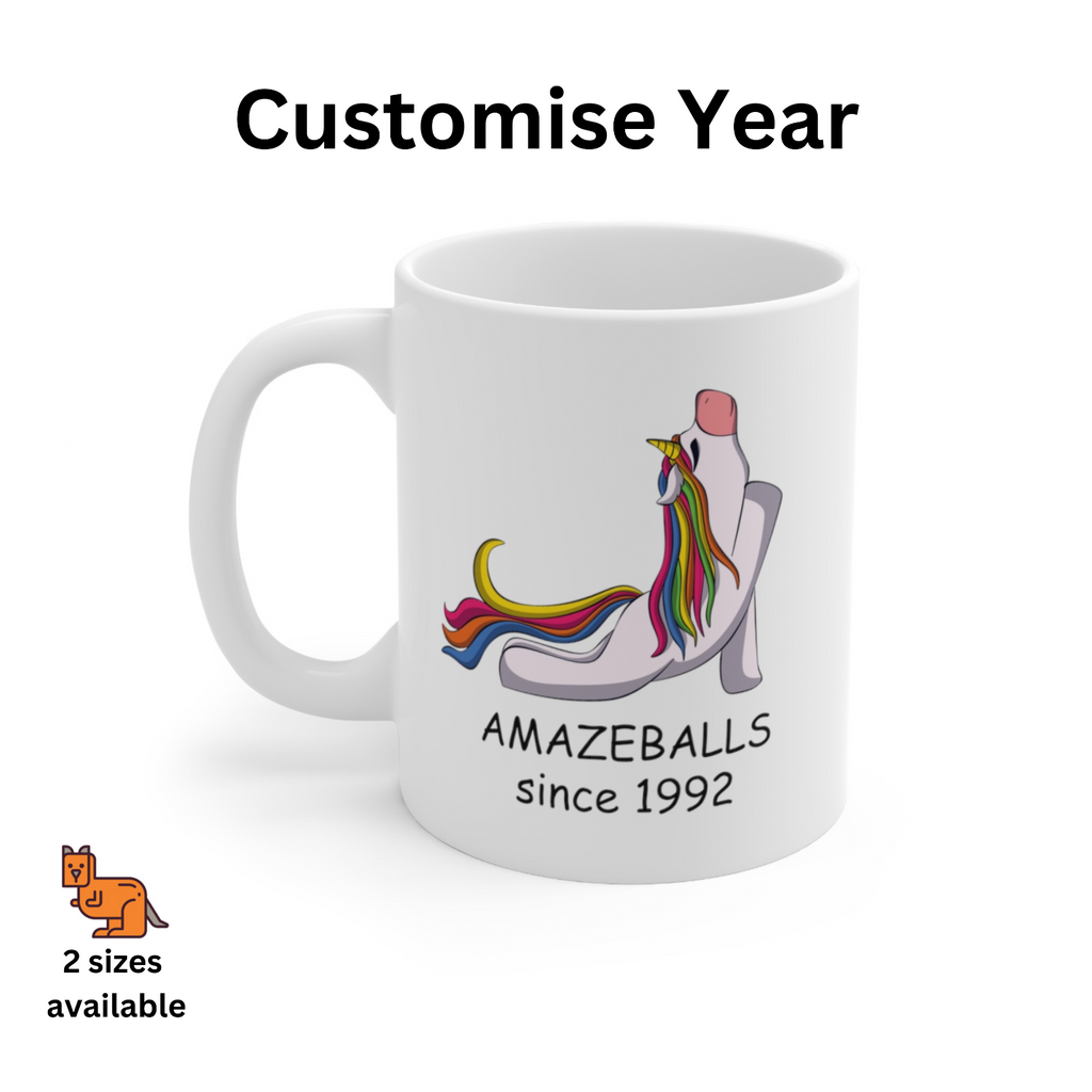 Novelty mug birthday customise birth year unicorn yoga amazeballs