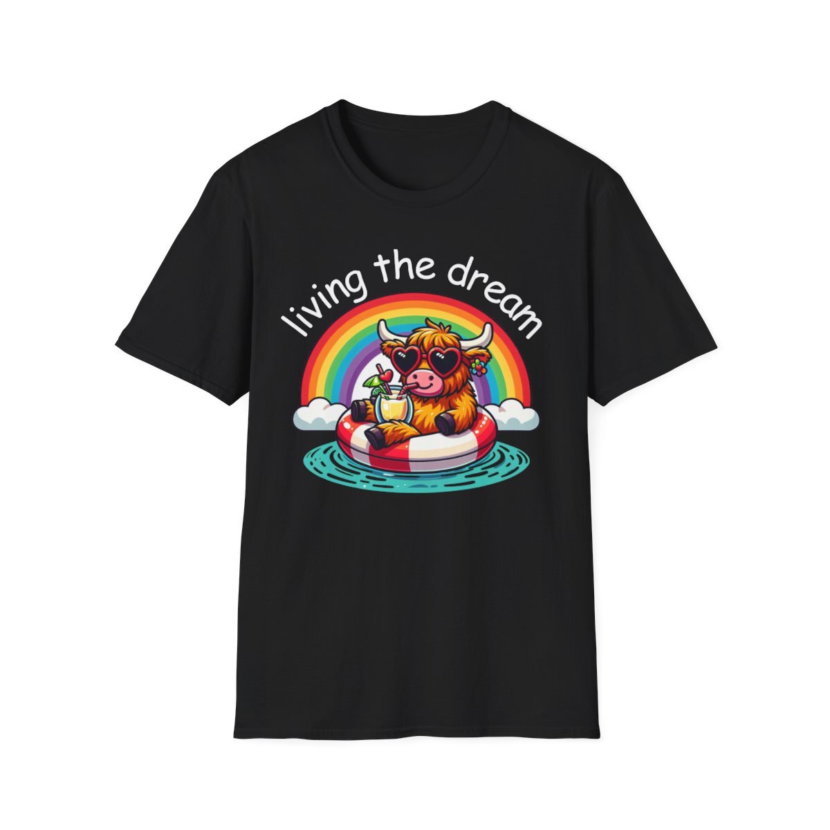 Living the dream coo summer rainbow Novety unisex t-shirt black highland cow