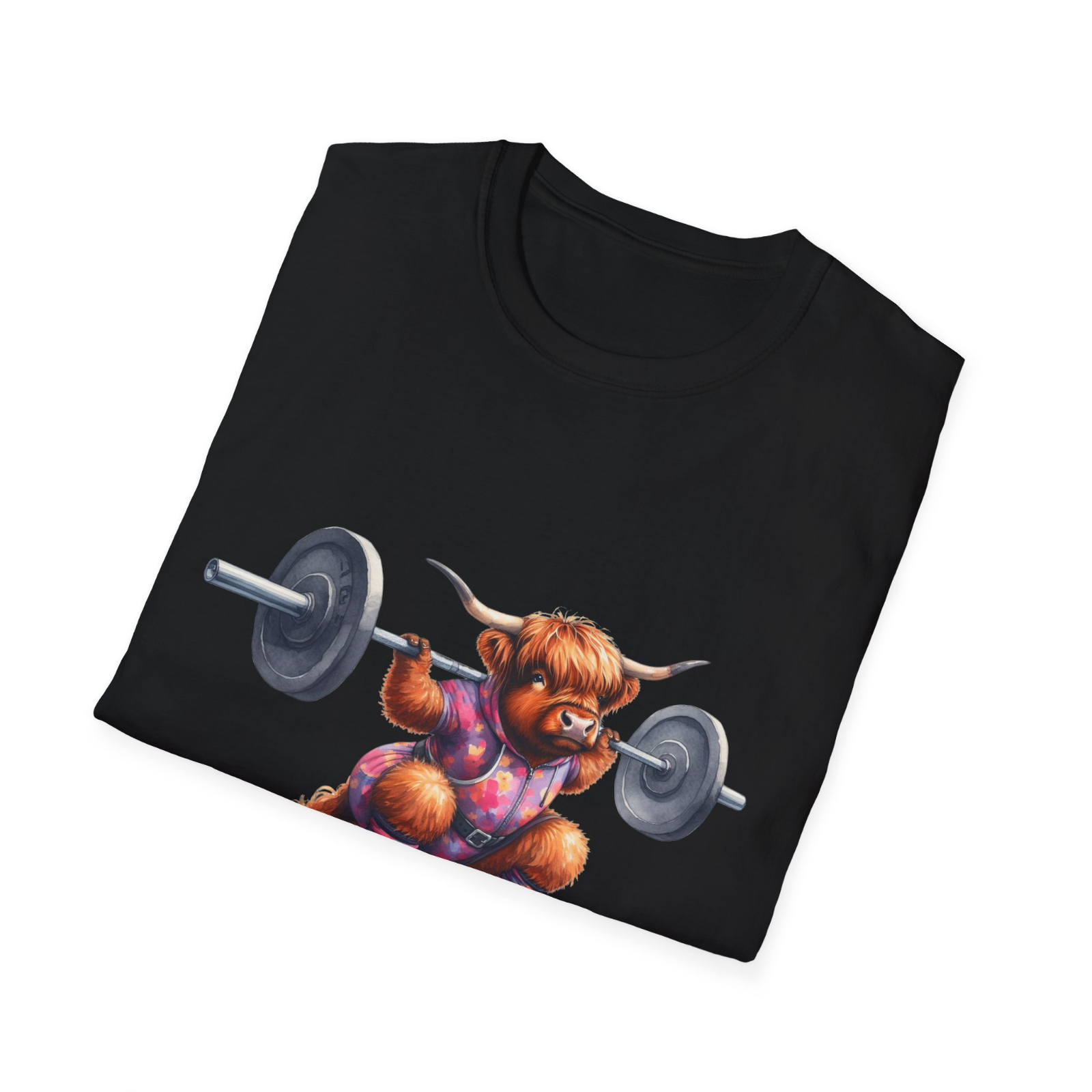 Squat barbell weight lifting cow Novety unisex t-shirt black Highland coo