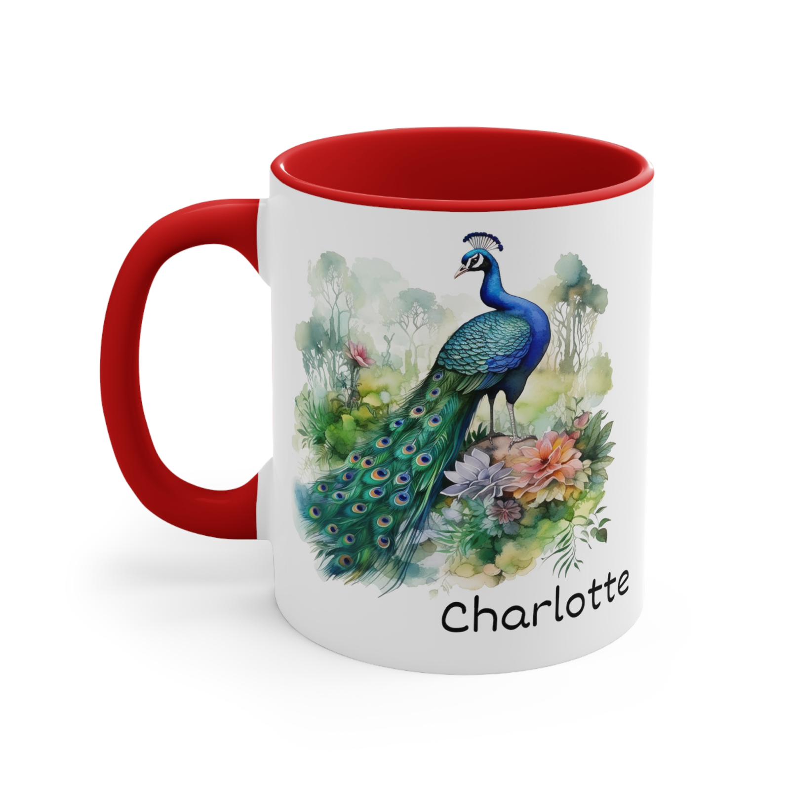 Personalised peacock name mug your custom text new coloured handle and inner