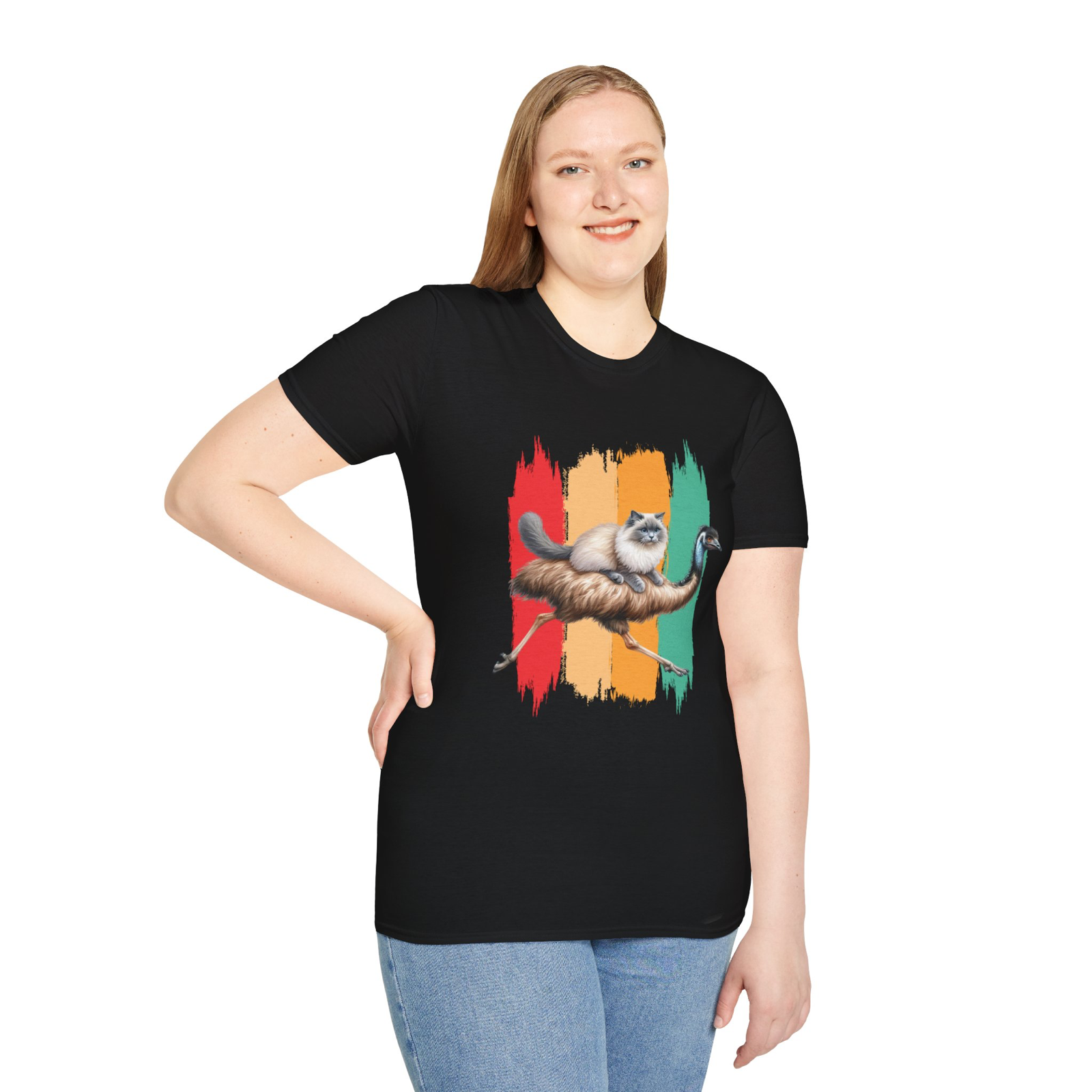 Ragdoll cat riding an emu Novety unisex t-shirt black