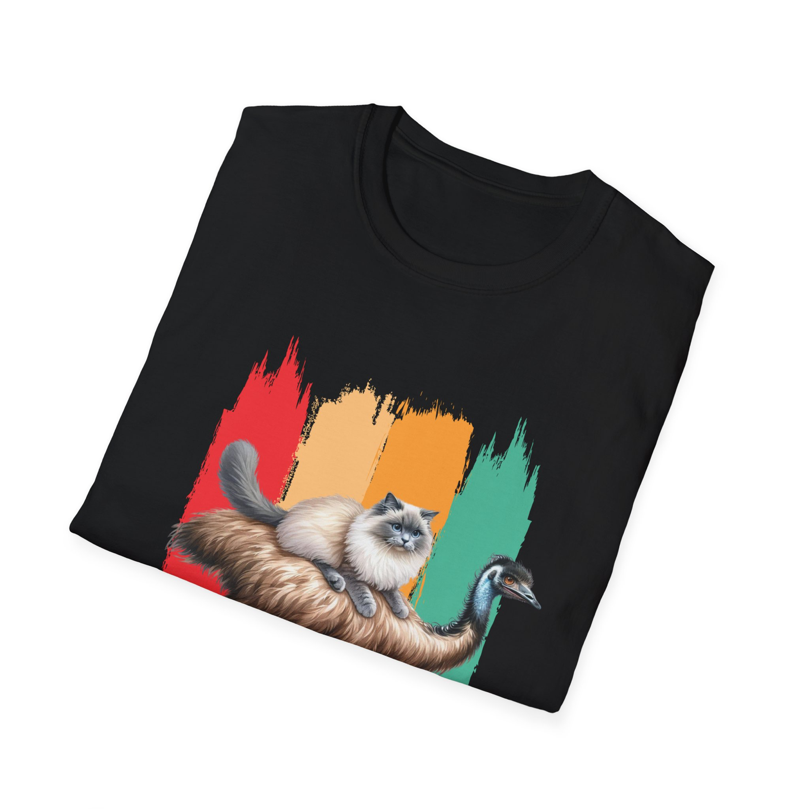 Ragdoll cat riding an emu Novety unisex t-shirt black