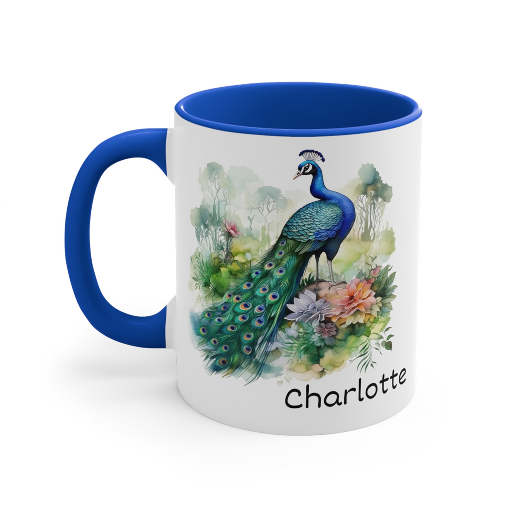 Personalised peacock name mug your custom text new coloured handle and inner