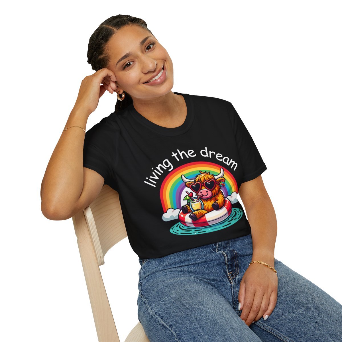 Living the dream coo summer rainbow Novety unisex t-shirt black highland cow