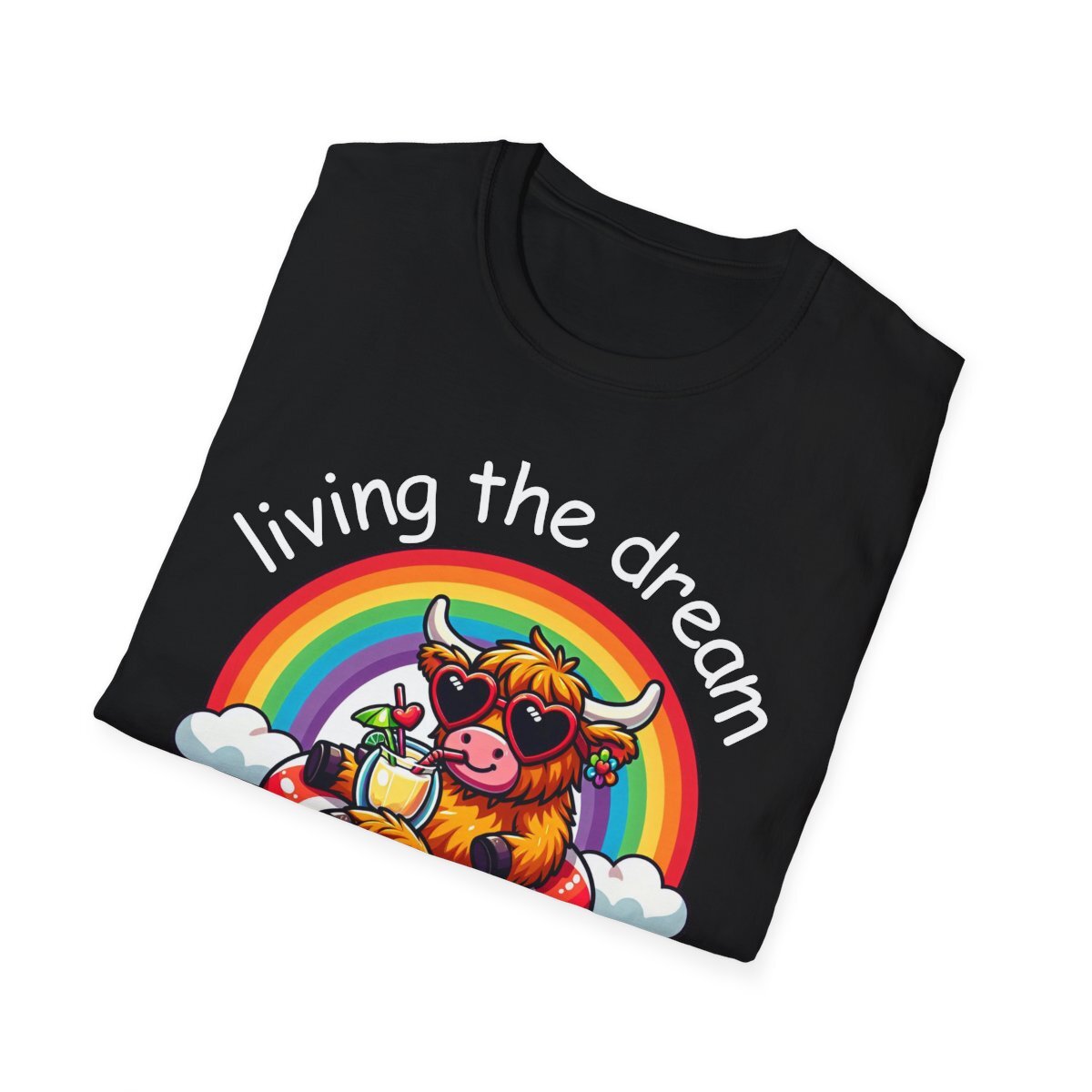 Living the dream coo summer rainbow Novety unisex t-shirt black highland cow