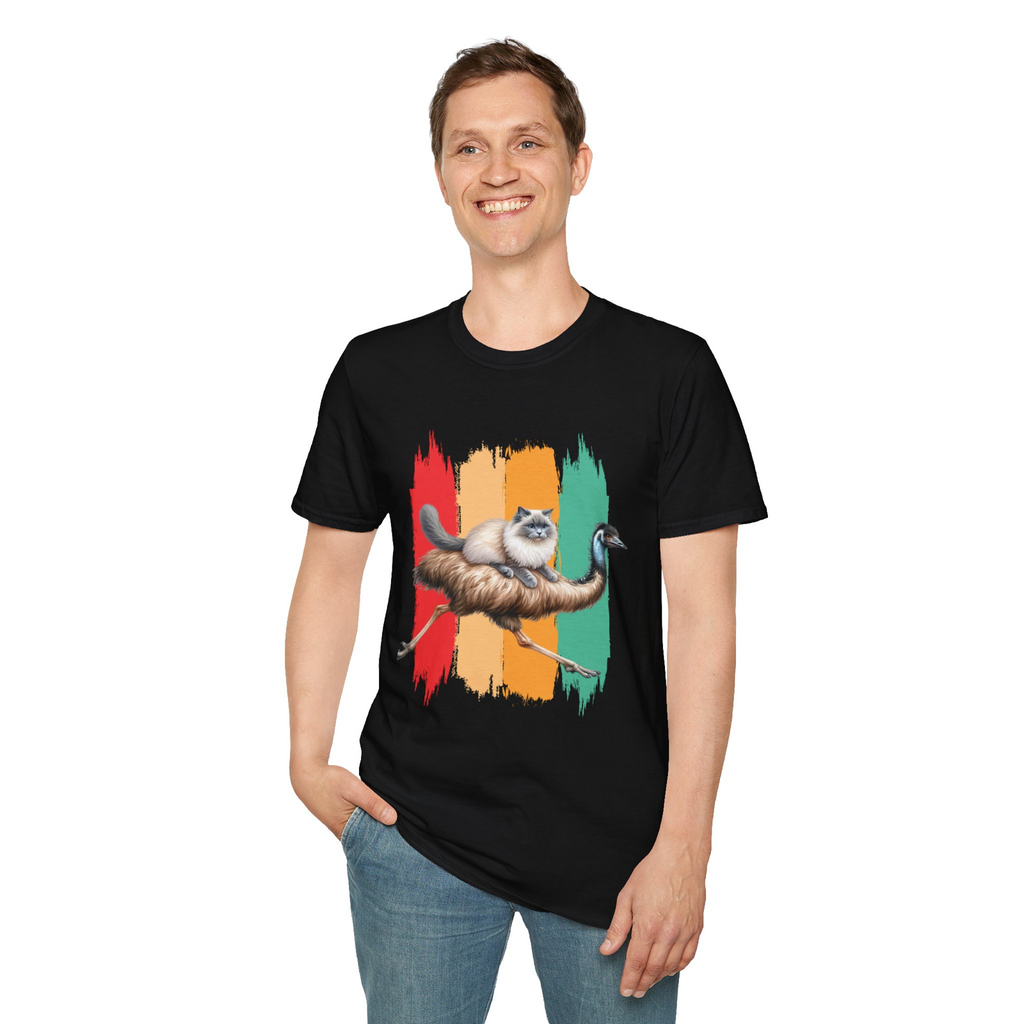 Ragdoll cat riding an emu Novety unisex t-shirt black